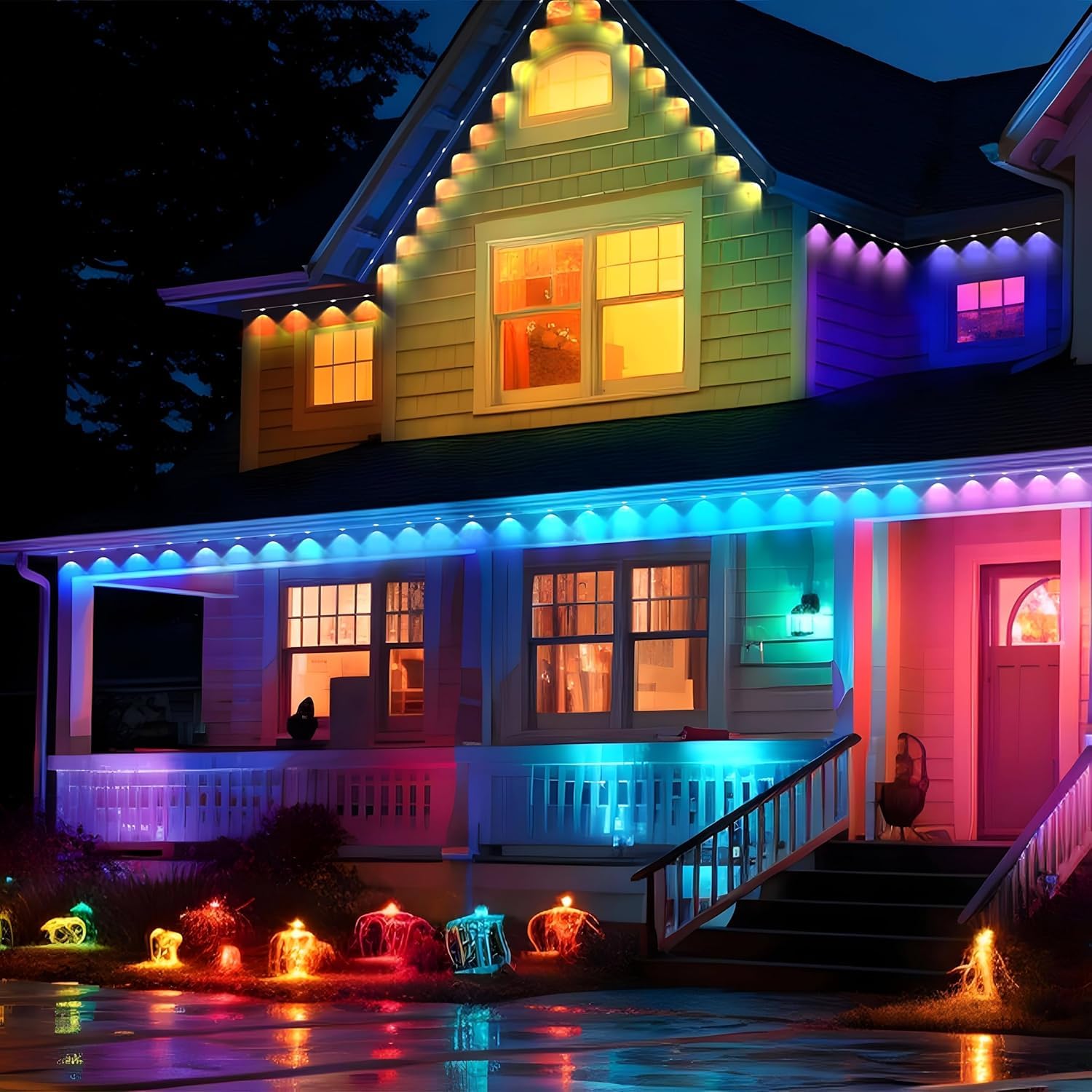 SIFWEX 200ft RGB-IC Smart Outdoor Lights Pro - IP68 Waterproof, App & Remote Control, Multicolor, Model RGB-EVAE2R300-202408252