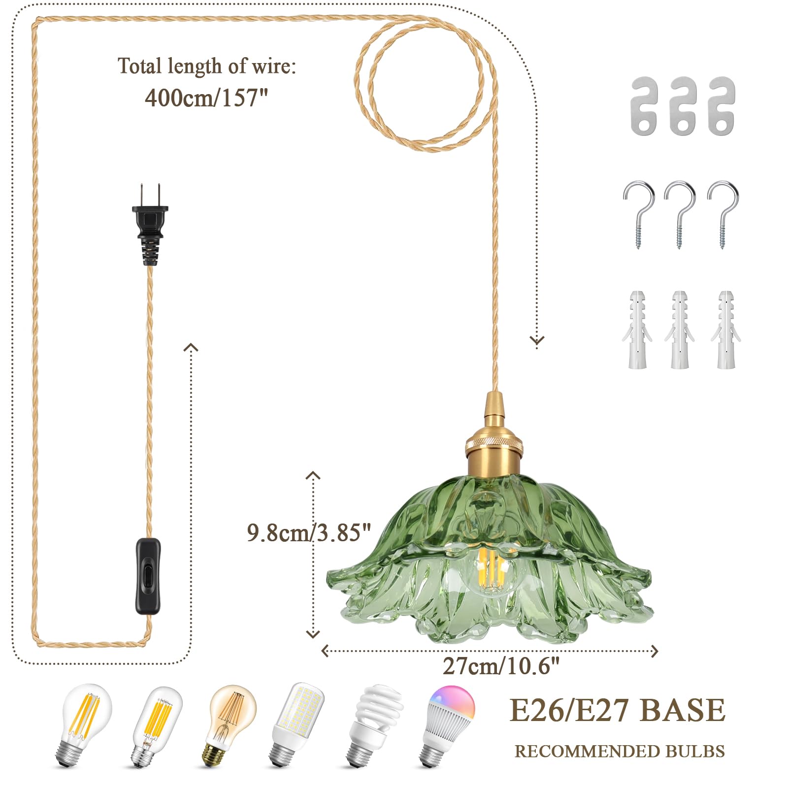 Loiogohot Plug-in Pendant Light Fixture, E26 Green Glass Lampshade, On/Off Switch, 10.6in, for Kitchen Island, Bedroom, Dining Room