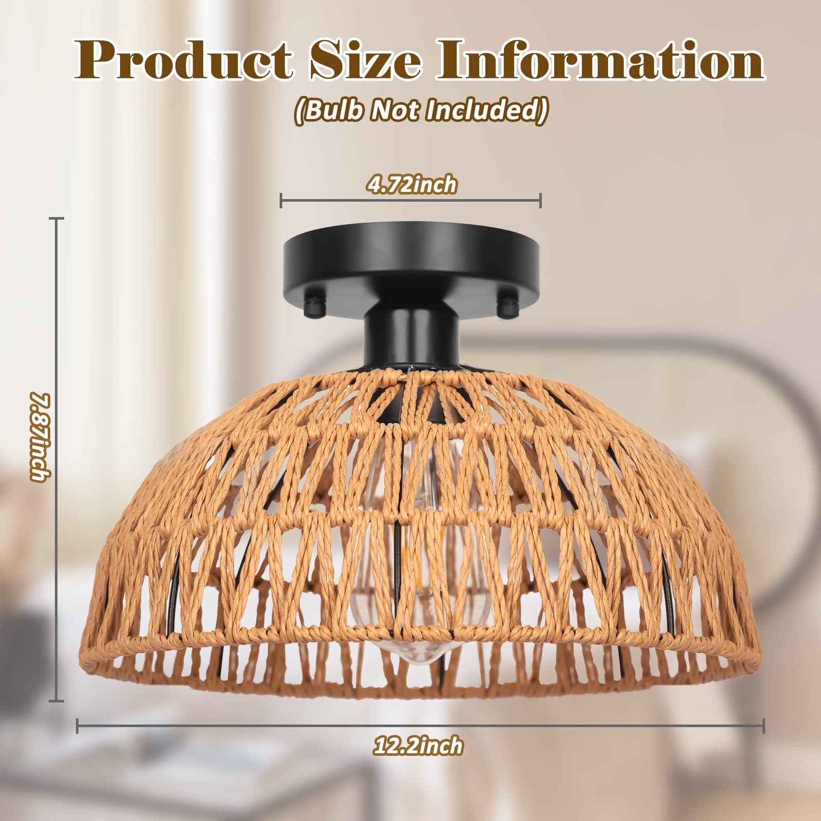 12.2'' Rattan Ceiling Light Fixtures 2 Packs, Rustic Woven Basket Flush Mount Ceiling Light, Handmade Wicker Ceiling Lamp, Ratta