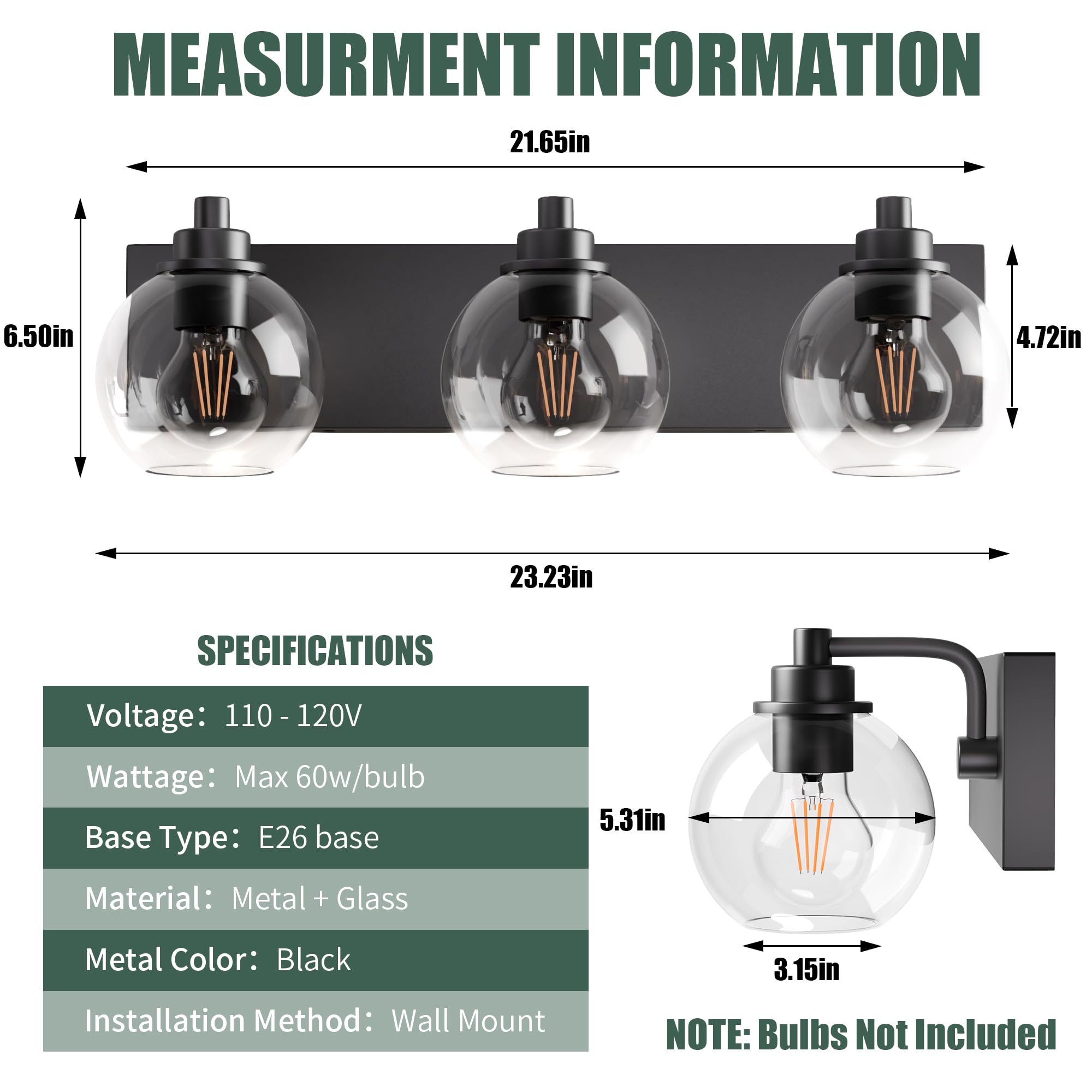 Espird 3-Light Matte Black Bathroom Vanity Light Fixtures, Modern Metal Over Mirror with Clear Glass Shade, Model L39-3-BK