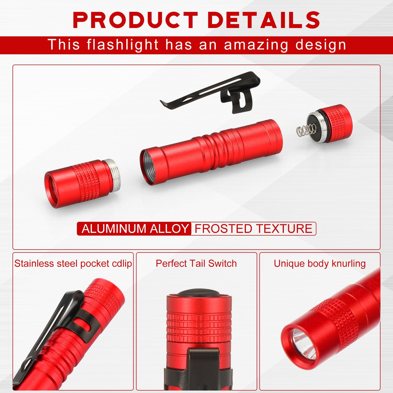 Hortsun Mini Pen Light Flashlight, 3.54 Inch, Red, Aluminum, 20 Pcs, Pocket Size with Clip