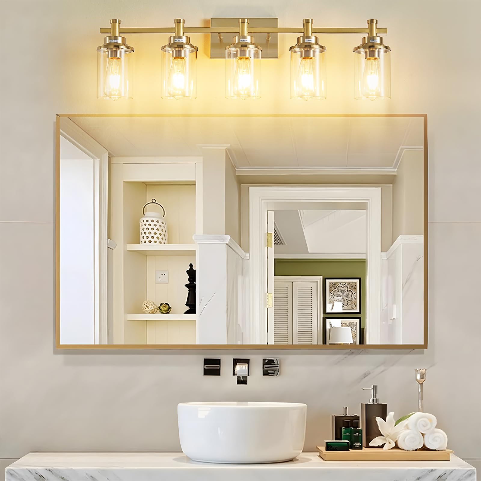 Aixialin 5-Light Modern Vanity Lights Over Mirror, Brushed Brass Bathroom Sconce With Clear Glass Shade