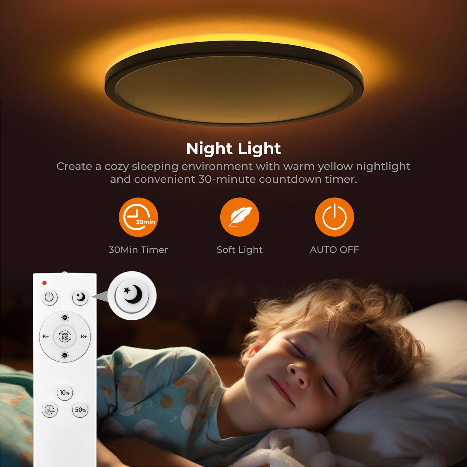 Matane LED Flush Mount Ceiling Light Fixture, Dimmable 3000K-6500K, 15.4in Black, Model LS-CL-G36W-Dim-YKBK/N