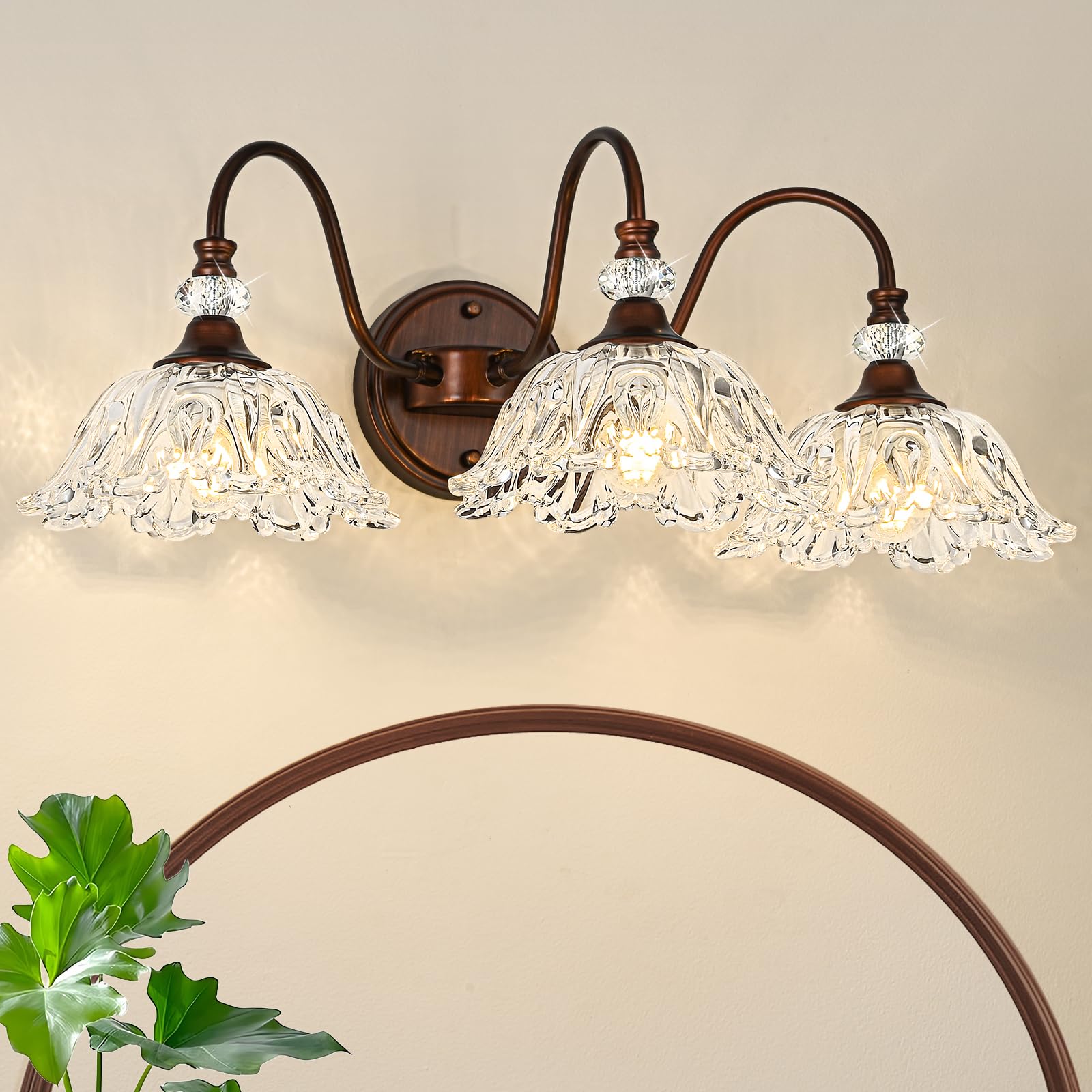 sunkryster 3-Light Vintage Bathroom Vanity Light, Oil-Rubbed Bronze with Floral Clear Glass Shades, Model Sun-104AB-3-ORB