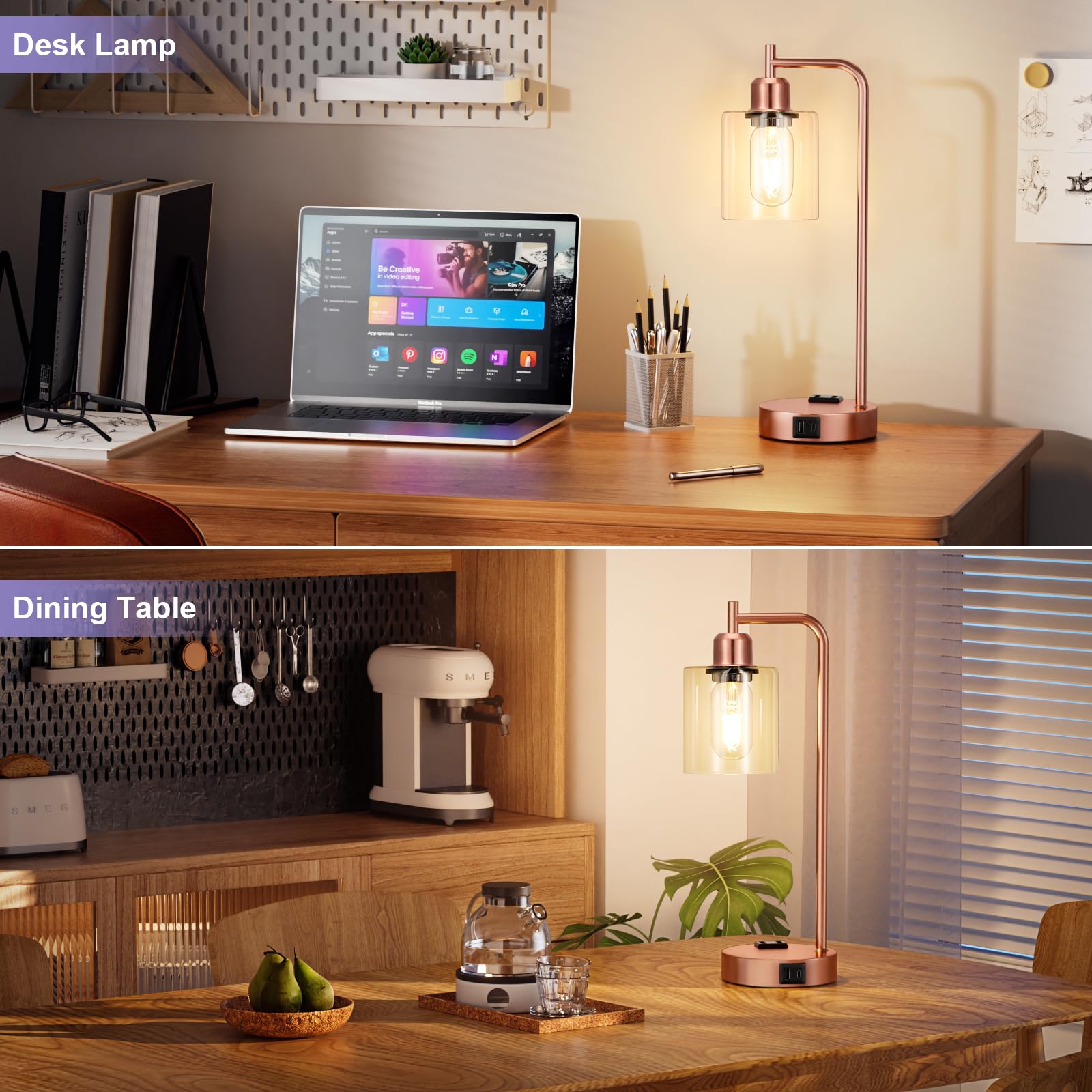 Innqoo Industrial Touch Table Lamps For Bedrooms Set Of 2-3-Way Dimmable Lamps With Usb C+A Ports And Outlet, Copper Bedside Lam