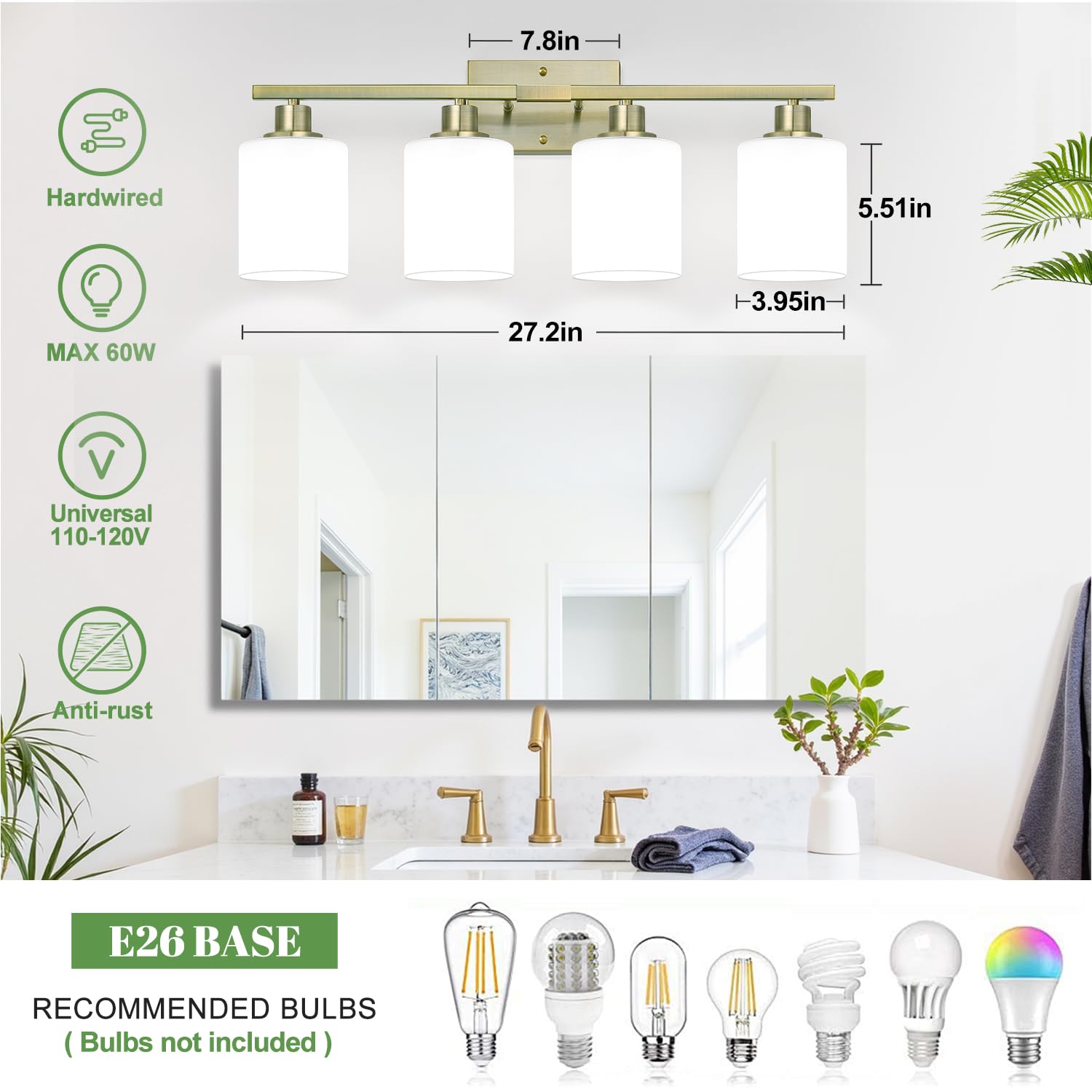 Mokatng 4-Light Bathroom Light Fixtures  Brass Vanity Light With Milky White Shades  Bathroom Lighting Fixtures Over Mirror  Modern Bathroom Wall Lamp For Mirror Living Room Cabinet Bedroom