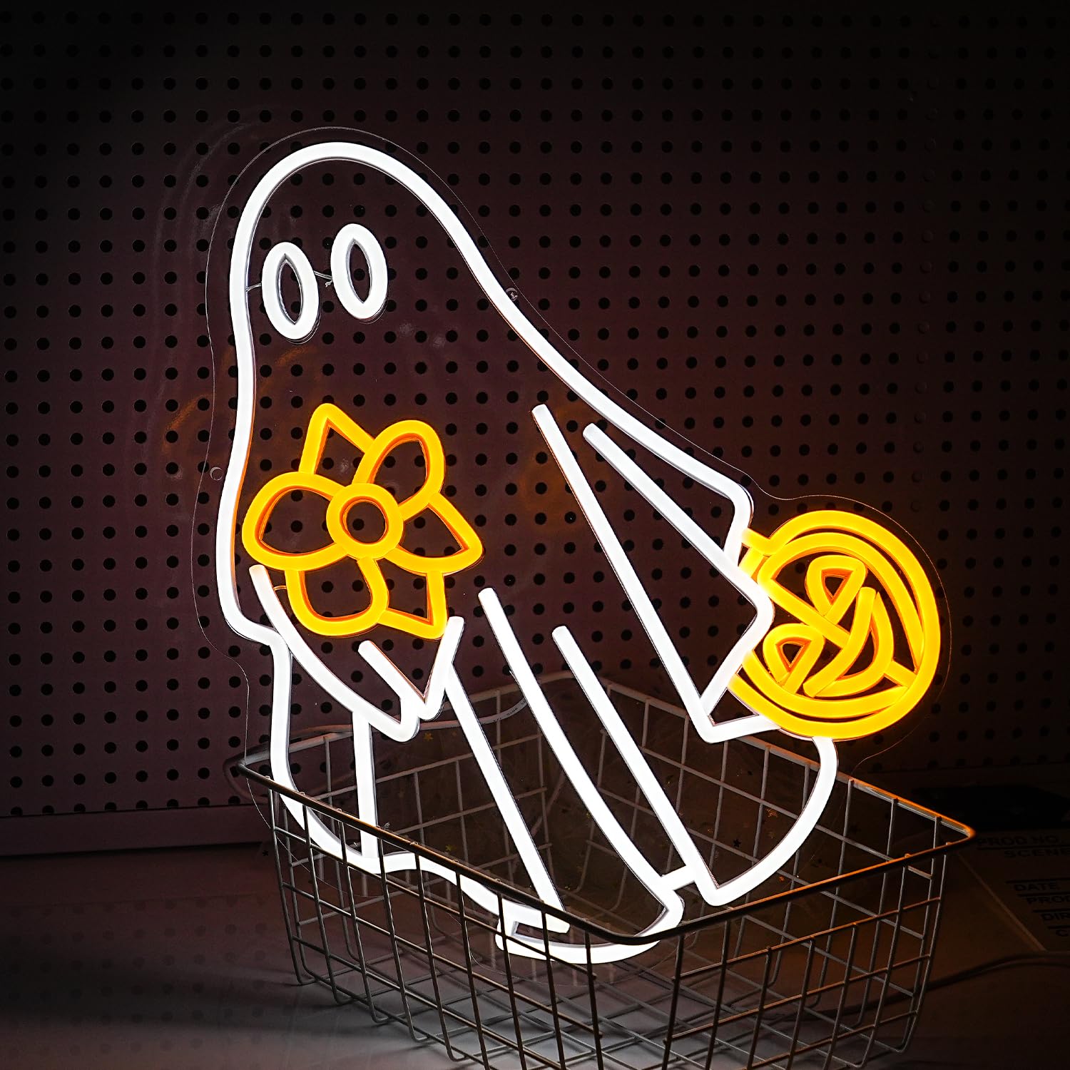 GNVETZLL Ghost Neon Sign - Dimmable USB Powered Pumpkin LED Light - Halloween Decor - Yellow White