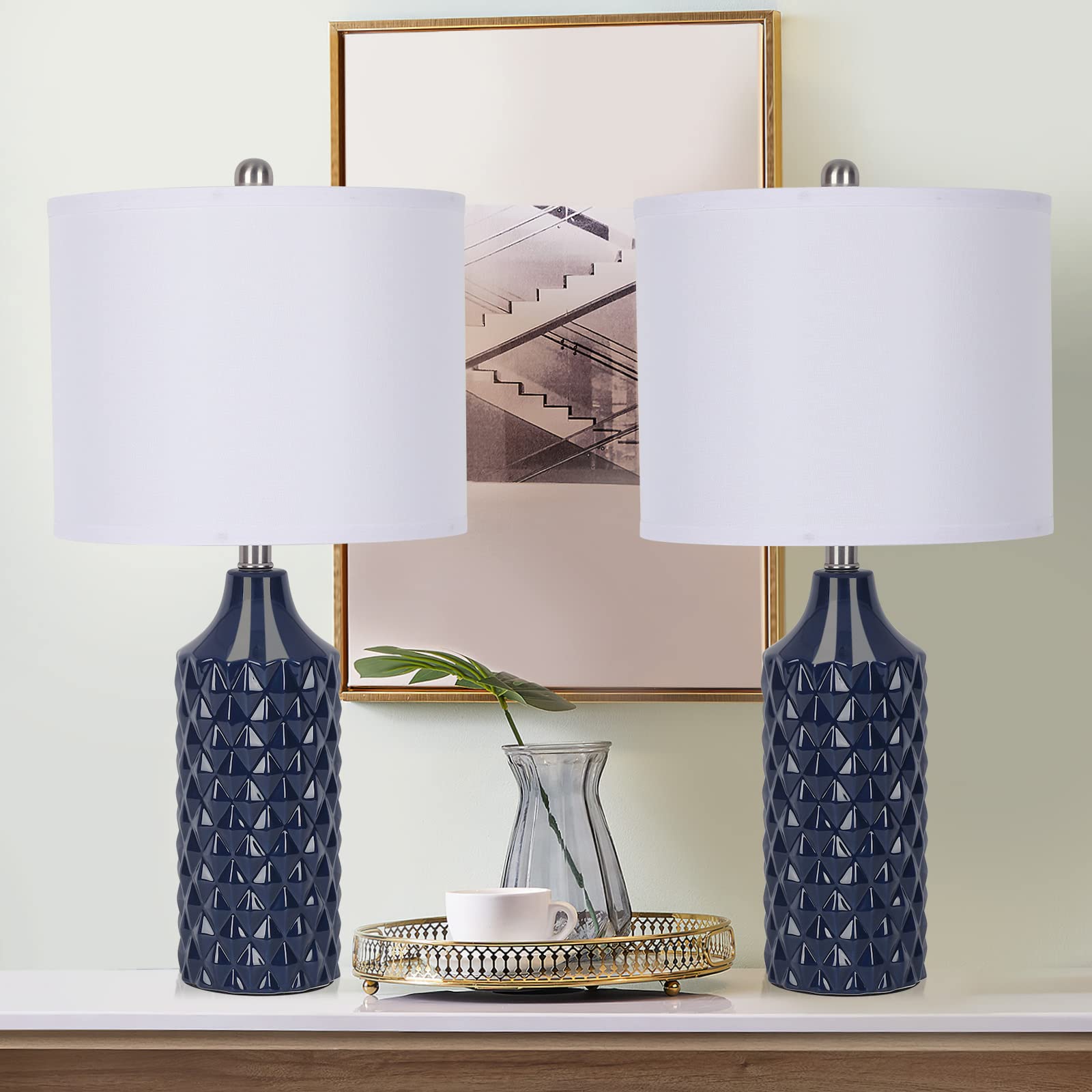 Qingmiao 25&quot; Navy Blue Ceramic Table Lamp Set Of 2 - 3-Way Dimmable Nightstand Lighting