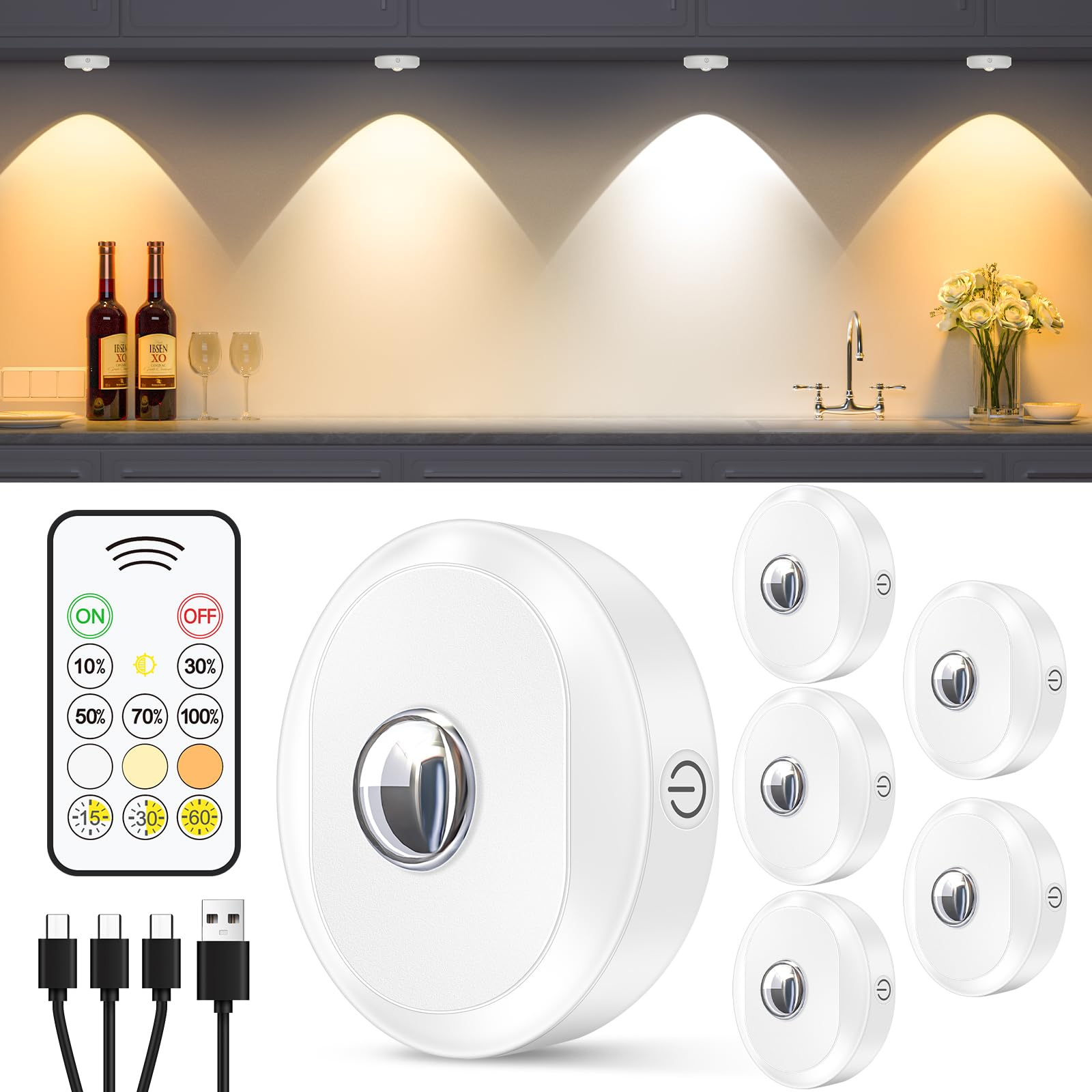 WILLED Rechargeable Puck Lights with Remote Control, 3 Color Temperatures and Timing Function, Dimmable Tap Light, Stick on Unde
