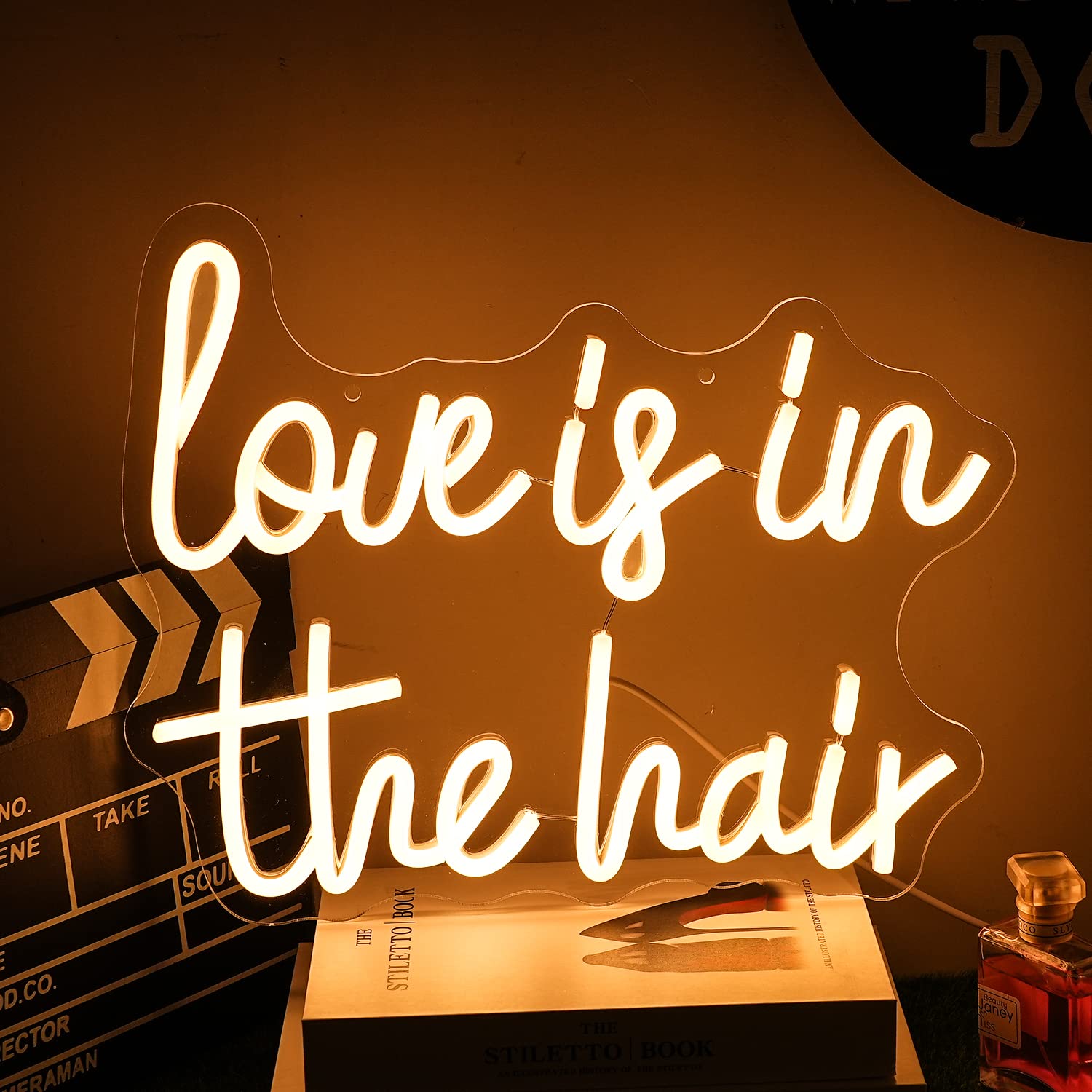 Alkkign “Love is in the Hair” Neon Sign Dimmable Warm Letter Neon Signs Salon Hair Salon Sign Word LED Neon Light Sign Powered USB for Barbers, Beauty Salons Decor for Beauty Shop