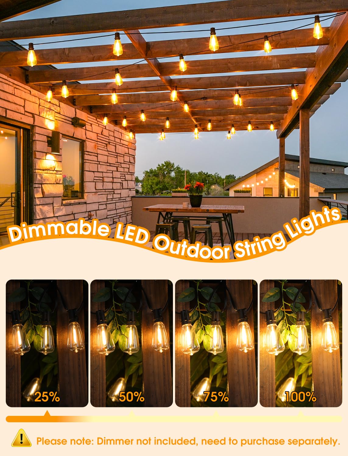 Larkvue 97Ft Outdoor String Lights, Patio Lights With 40+3 Led Dimmable Waterproof Decorative St38 Edison Bulbs For Room Gazebo