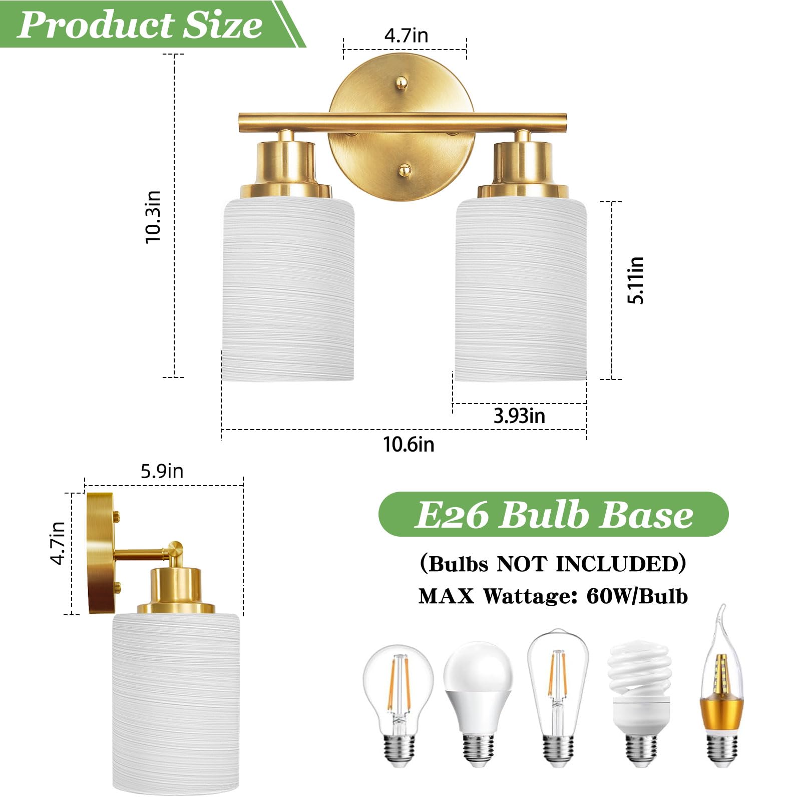 Guliaofo 2-Light Brushed Gold Bathroom Vanity Light, Bathroom Lighting Fixture Over Mirror, Gold Vanity Lights With Milky White