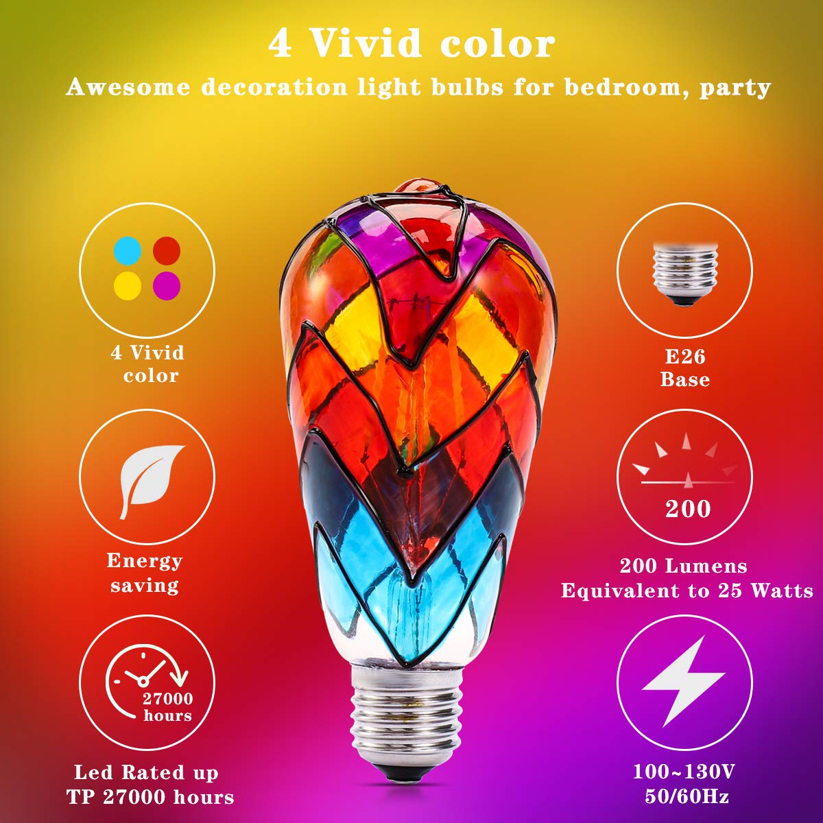 I-Shunfa Edison Stained Glass Led Light Bulb,6 Watts Heatless E26 St64 Led Light Bulbs For Home Party,Recreation Room,Balcony,Ga