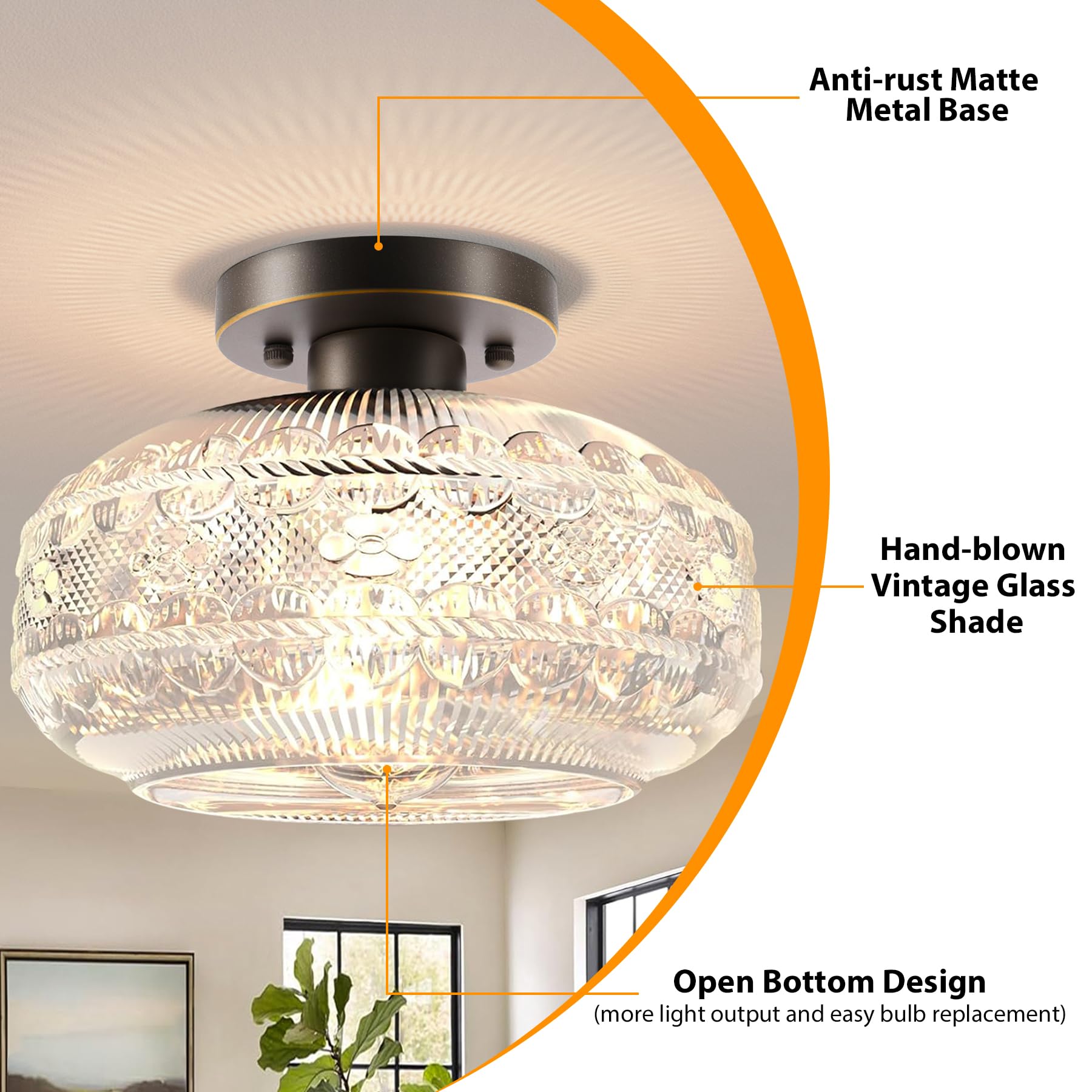 Apoto 11'' Large Semi Flush Mount Ceiling Light,Oil Rubbed Bronze Globe Glass Light Fixture,Vintage Hallway Light Fixture,Close