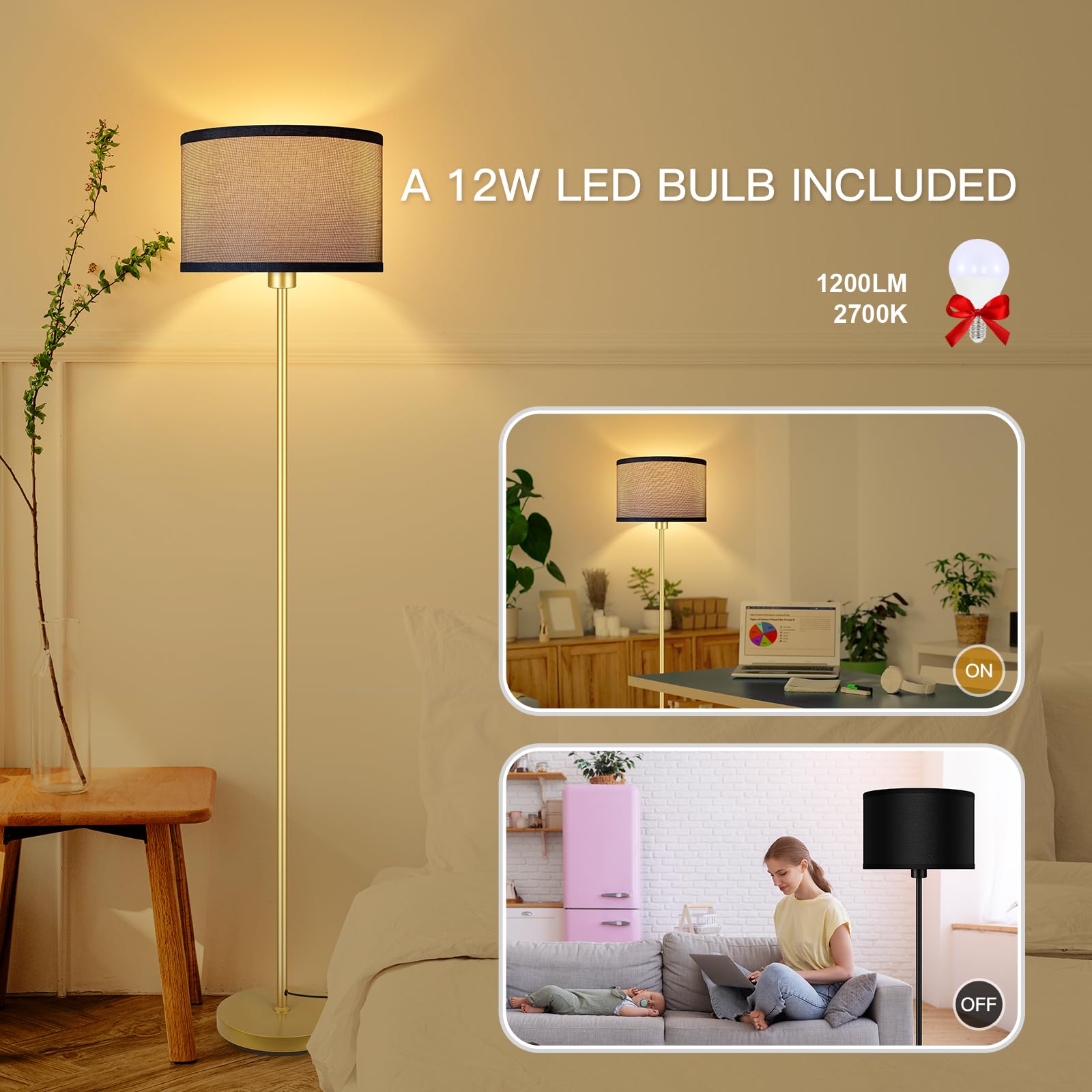 Floor Lamp Gold  Standing Lamp  58  Small Tall Lamps With Jute Lampshade  Simple Pole Lamp For Bedroom  On/Off Footswitch  Gold Lamps For Living Room/Office/Boho Christmas Gift For Kids(No Bulb)