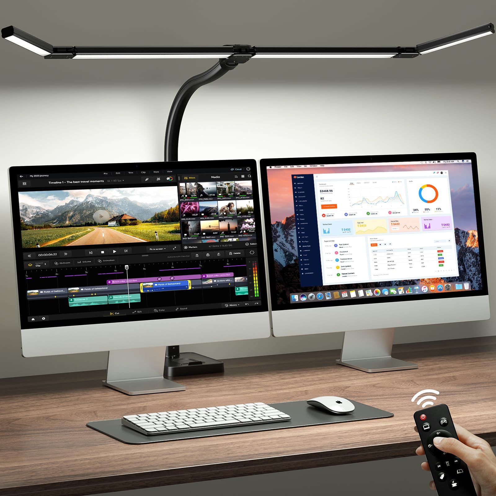 ONEMIX 42 LED Desk Lamp for Home Office  Eye-Caring Desk Light with Adjustable 4-Segment Bar  1800LM Bright  Remote  Architect Table Lamp with Base for Dual Monitors  Reading  Study  Workbench(Black)