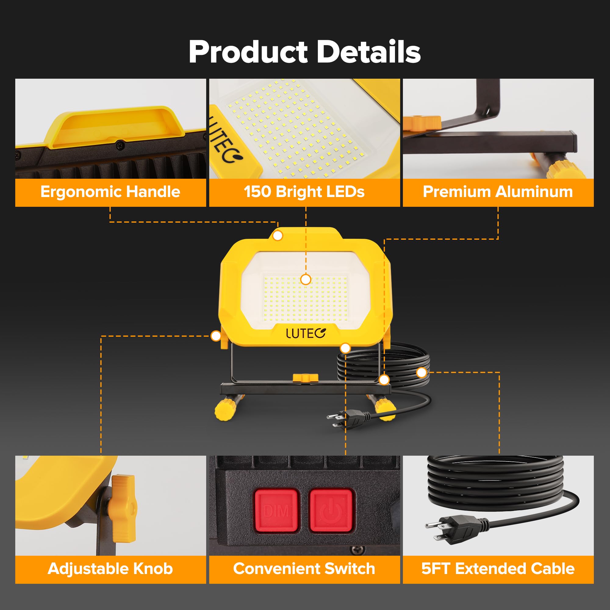 Lutec 12500 Lumen Led Work Light, Dimmable Flood Lights With 3 Brightness Levels, Ip65 Waterproof Portable Job Site Lights With