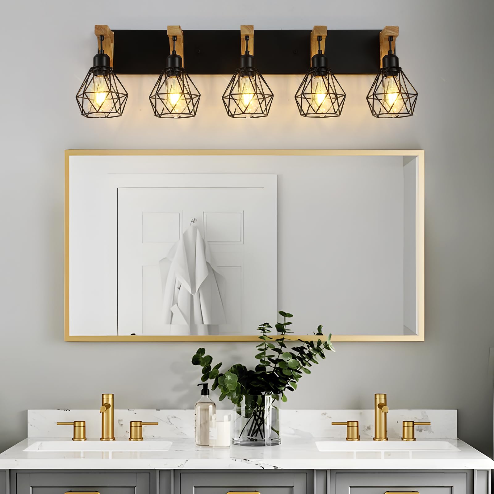 maesta 5-Light Bathroom Vanity Light Fixture, Rustic Metal Sconces, Wood Design, Black, Model MA017