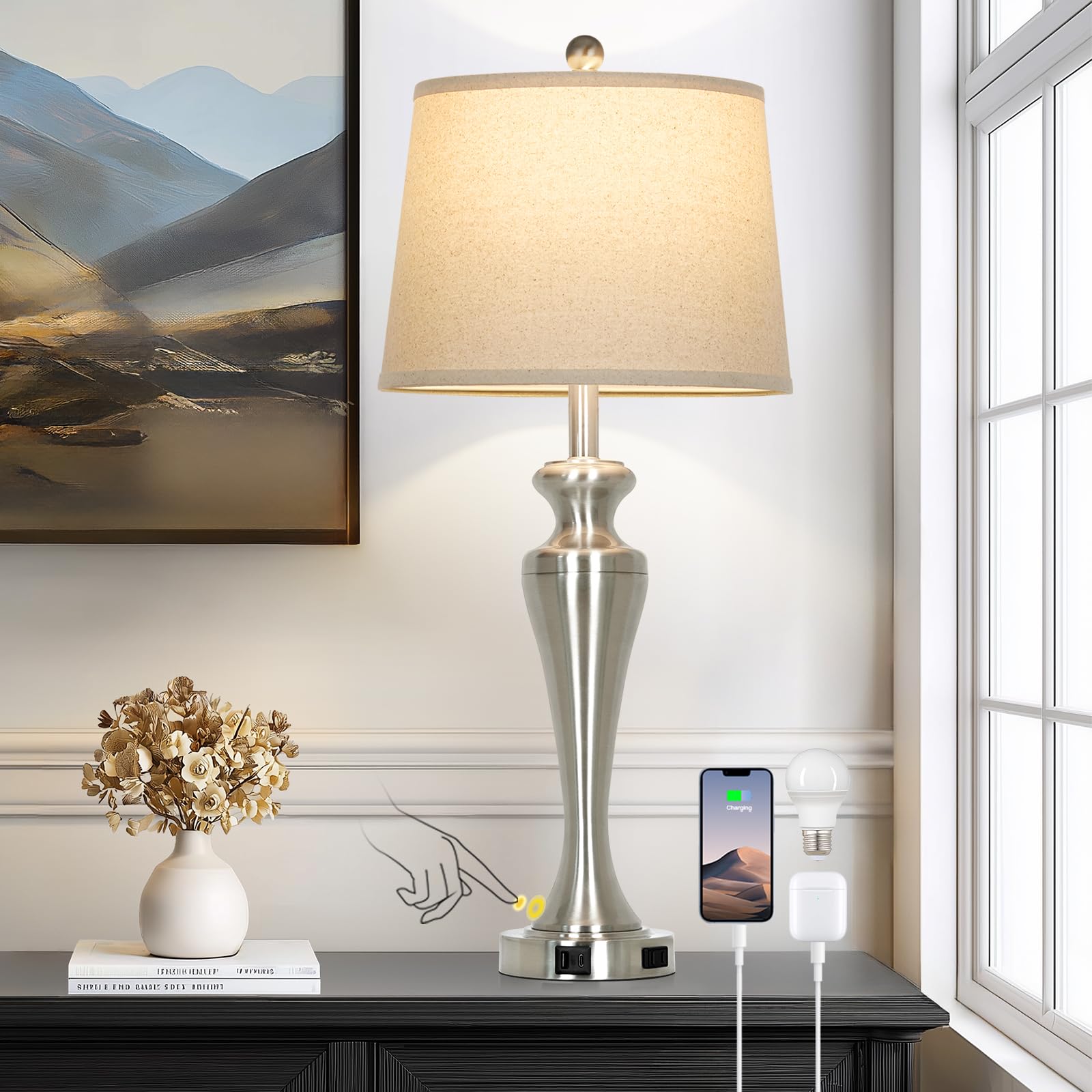 Ruzectt 30 Table Lamp  3-Way Dimmable Touch Bedside Lamp with USB A+C Ports and AC Outlet  Tall Living Room Lamps for Side Table  Modern Brushed Nickel Bedroom Lamps for Nightstand  Silver-1PK