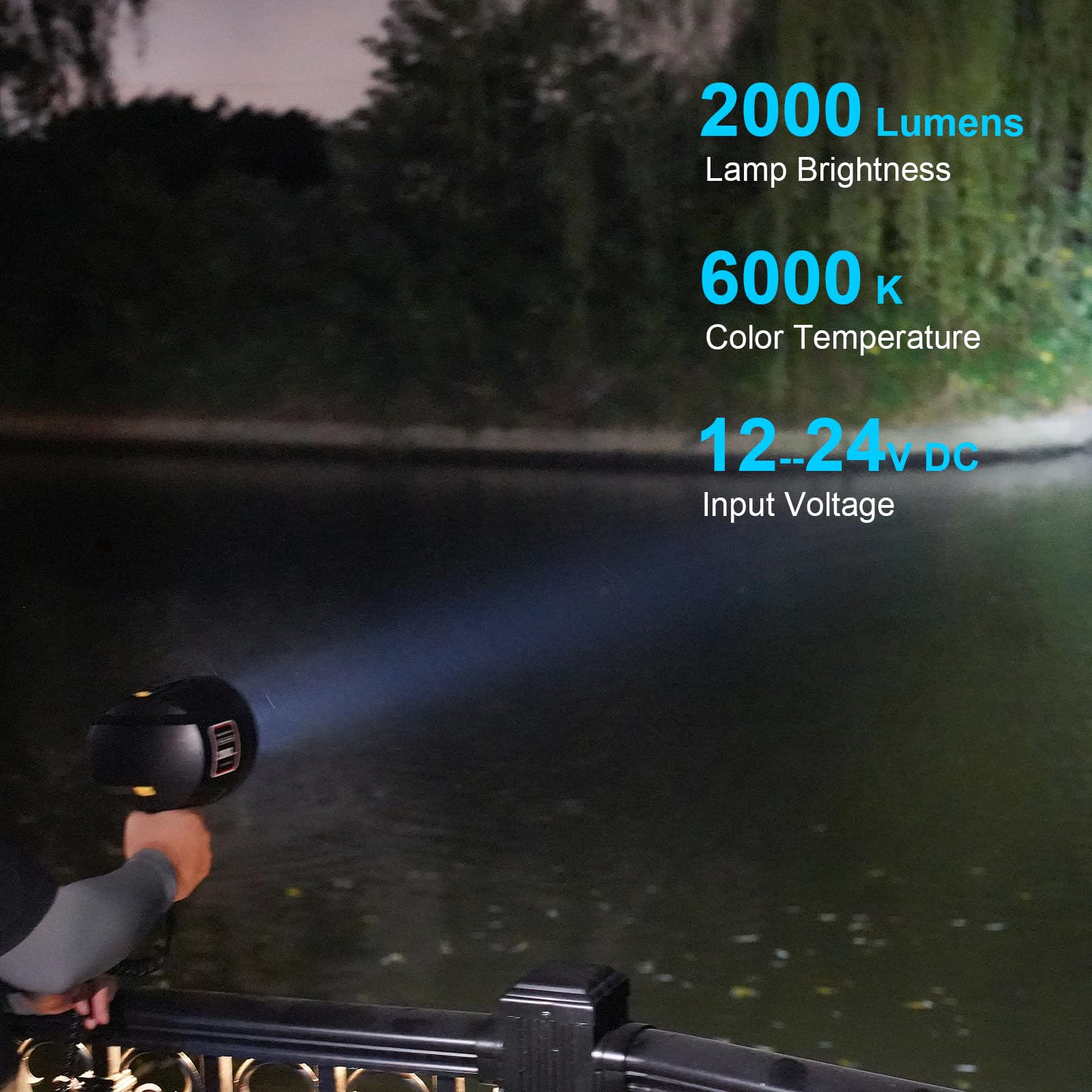 GOODSMANN 12V LED Handheld Spotlight - 2000 Lumen, Black, Model 9212-89401-01A, Ideal for Boat and Hiking Use