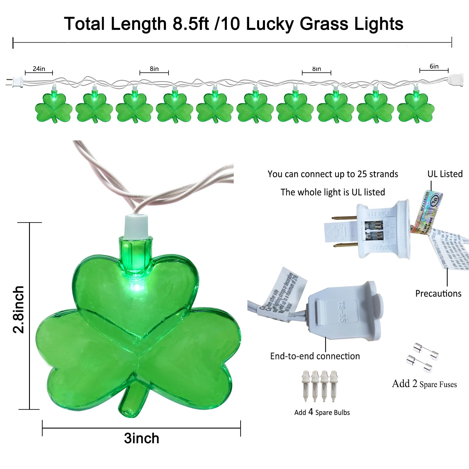 Pallerina St. Patrick'S Day String Lights, 8.5Ft Green Clover Decor With 10 Shamrock Lights