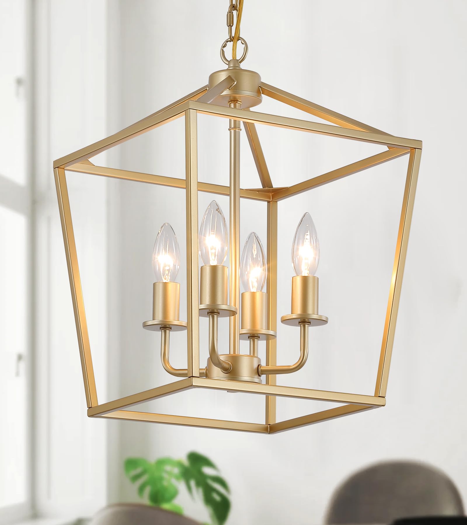 Industrial 4 Lights Chandelier, Gold Lantern Ceiling Light Fixtures with Rustic Metal Cage Adjustable Height Farmhouse Geometric