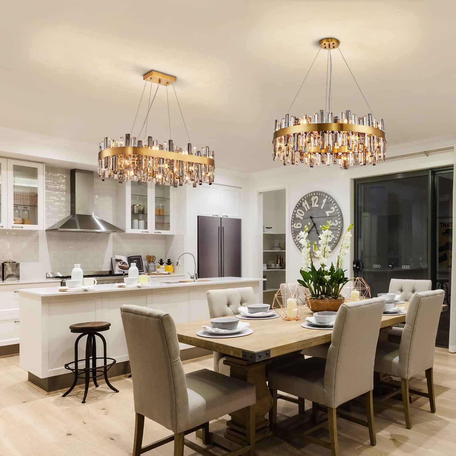 Siljoy Modern Crystal Chandelier, 16 Lights, Brass Gold, Round D31.5in , Clear & Grey Crystal, Model FSK0609