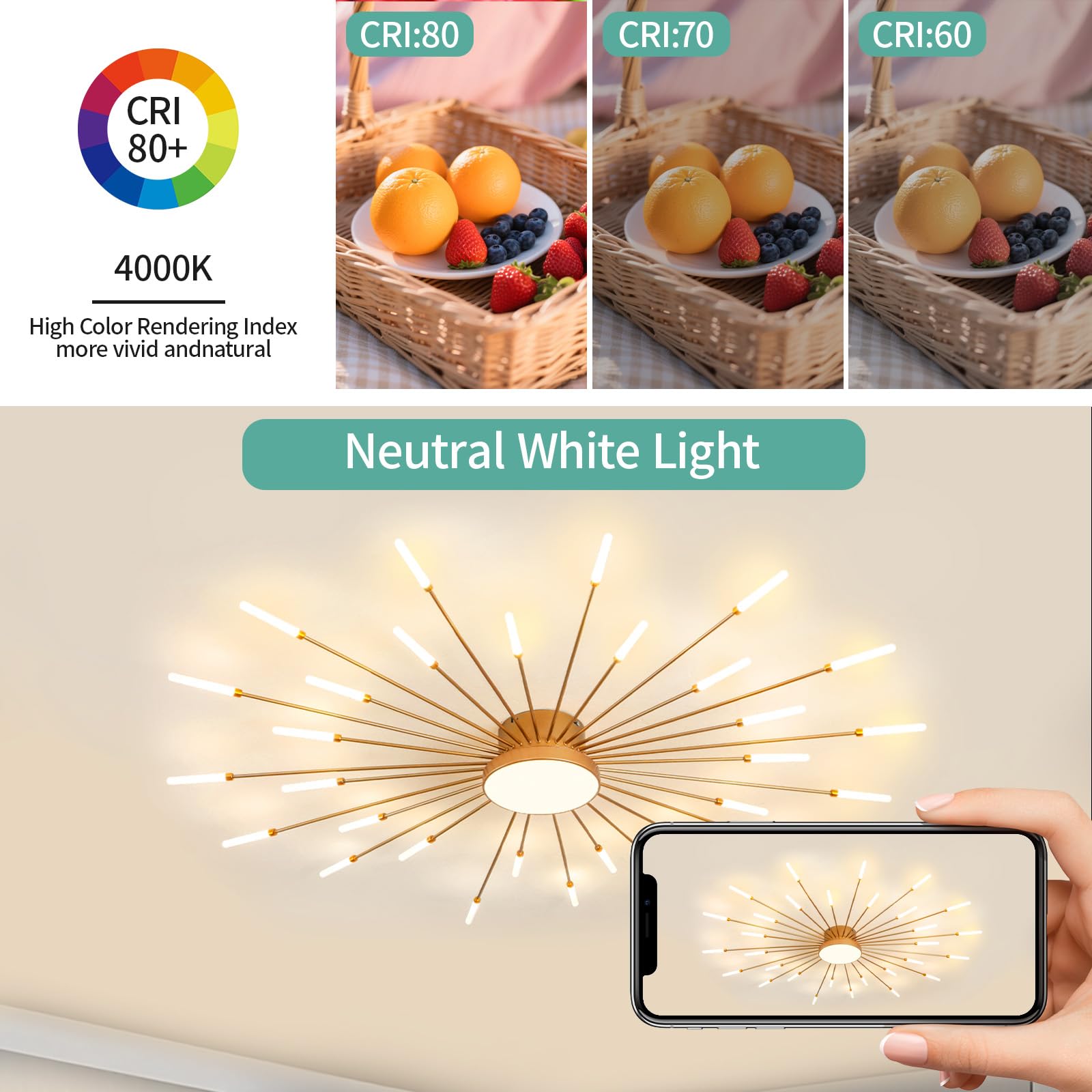 Ziidoo Modern Ceiling Light 30+1 Lights Metal Firework Designed Chic Led Lighting Fixture For Farmhouse Kitchen Dining Room Bedroom Hallway Living Room (Gold And Dark Gold)