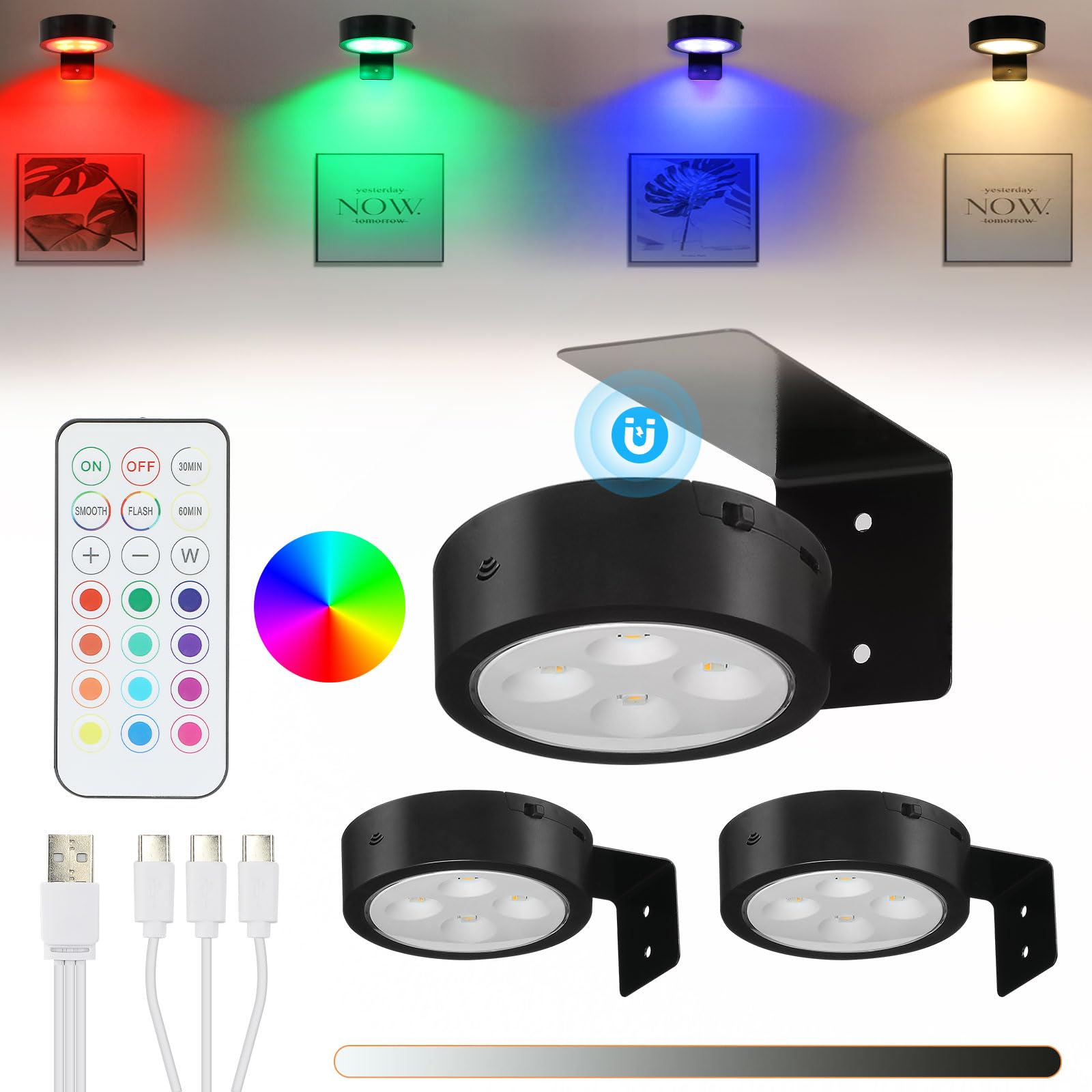 Glighone Rechargeable Battery Picture Light 3Pcs RGB Magnetic Wall Lights with Remote Dimmable Timer - RGB Black, Model 8018e8da