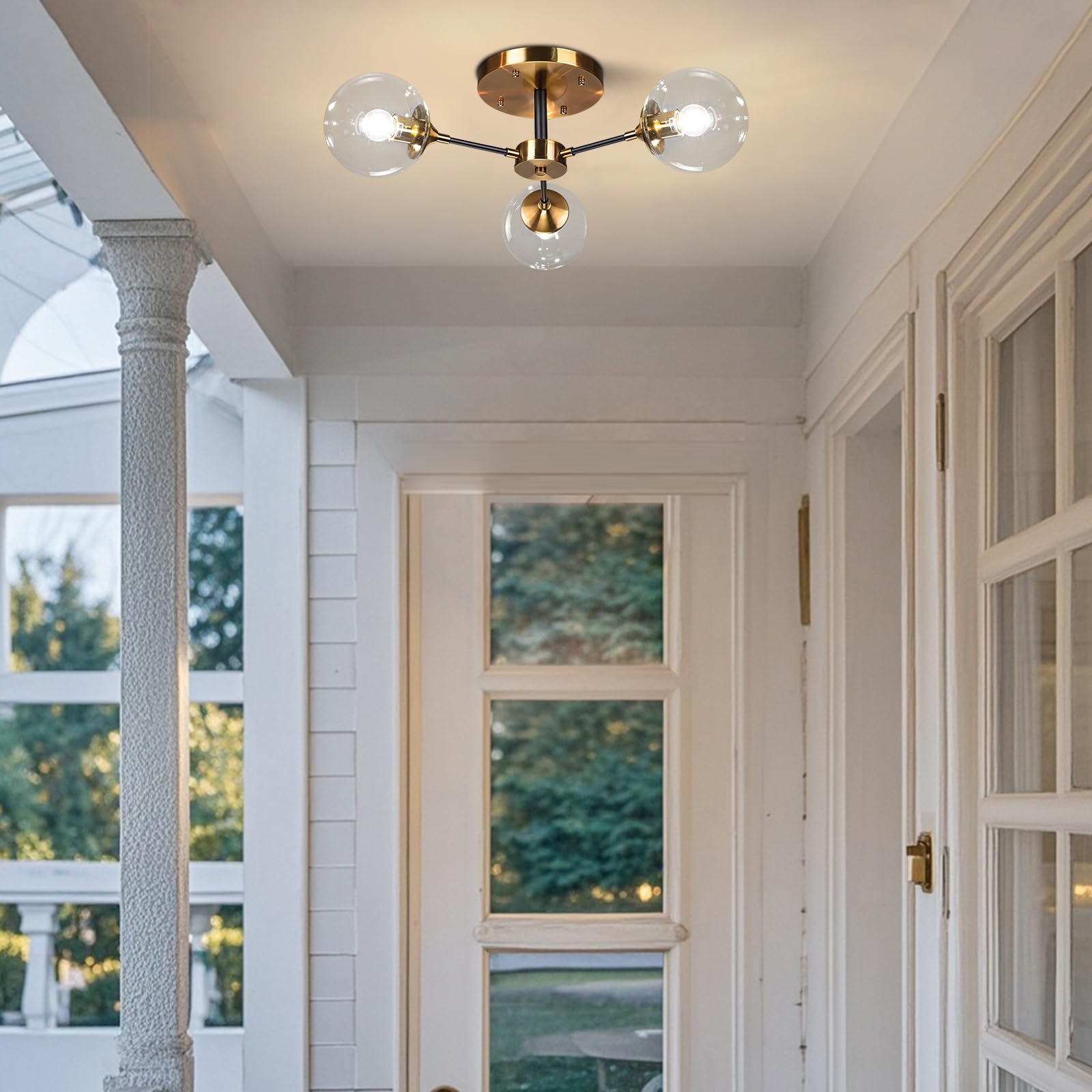 Kco Lighting Mid-Century Modern Semi Flush Mount Ceiling Light 3-Light Clear Glass Bubble Chandelier Black Gold Sputnik Close To