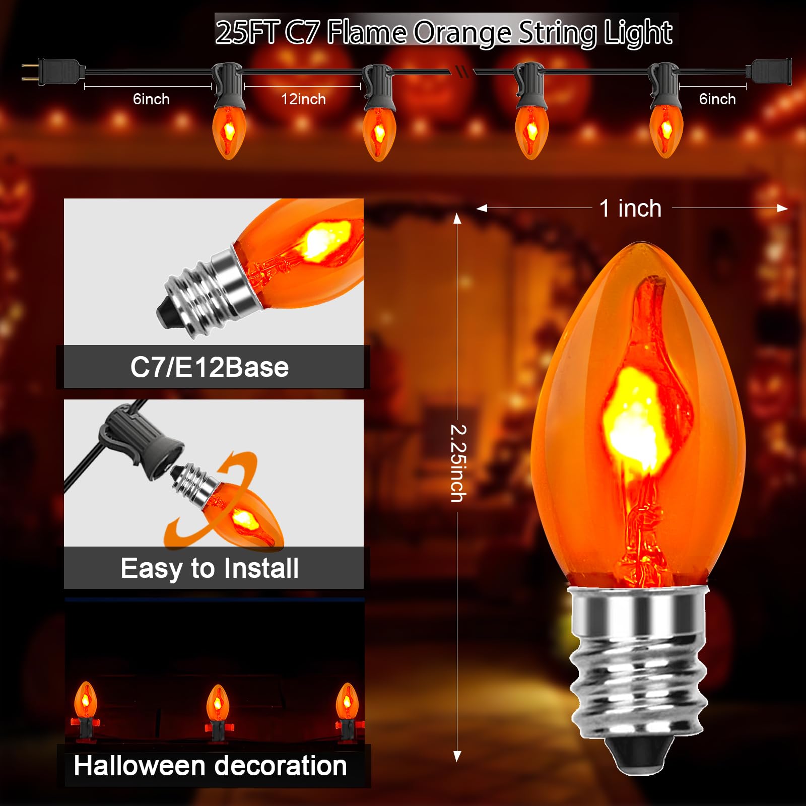 Orange Halloween Lights, 25Ft C7 Outdoor Flickering Flame String Lights With 25 Bulbs, Plug-In Decorations For Indoor/Outdoor Pa