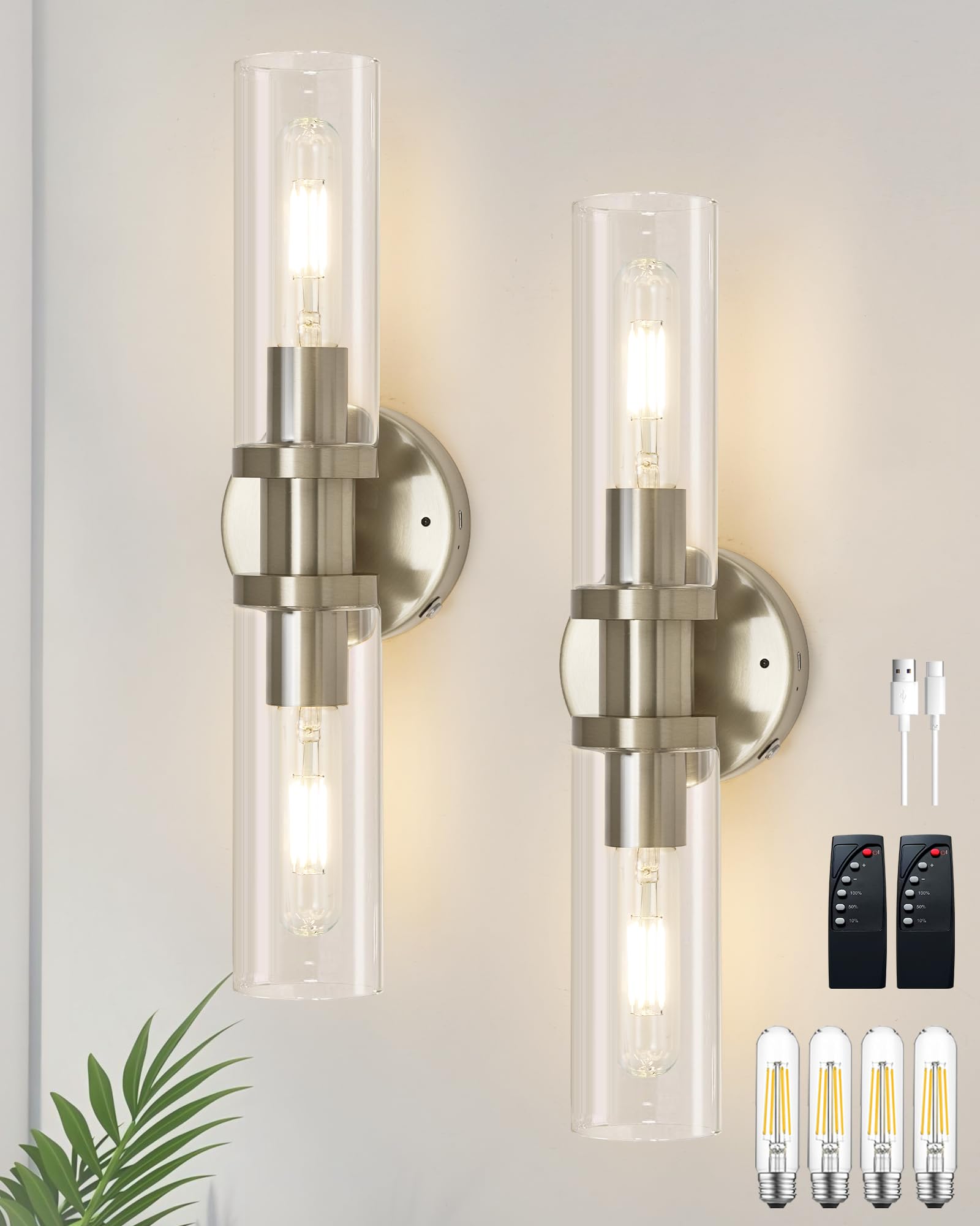 Rayogale Rechargeable Battery Wall Sconce Set of Two, Wireless, Dimmable, USB-C Charging, Sand Nickel, Model WL-7116-SN-2P