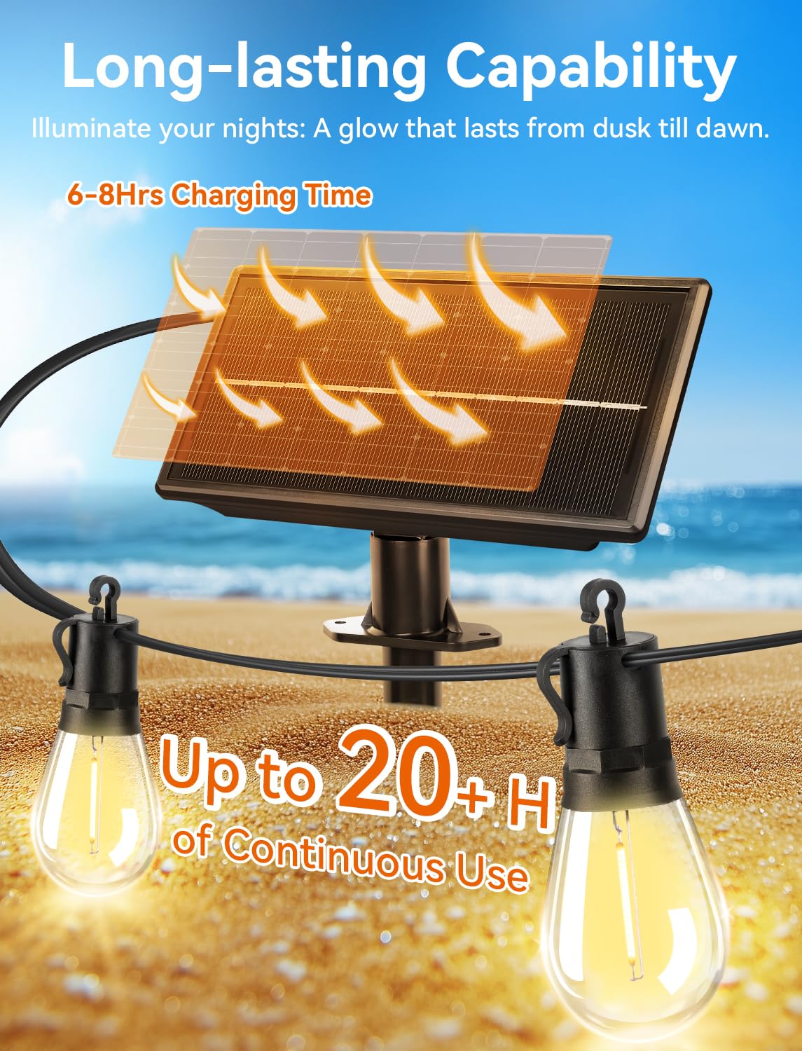 Brightever Solar String Lights For Outside, 50Ft Patio Lights Outdoor Waterproof Solar Powered, 3 Lighting Modes Dimmable, 15+1