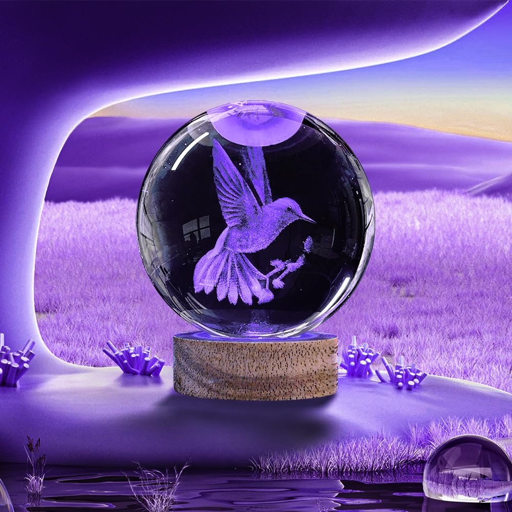 3D Hummingbird Crystal Ball Night Light 3.15 Inch Hummingbird Figurines Glass Ball Lamp With 16 Color Changing And Remote Hummin