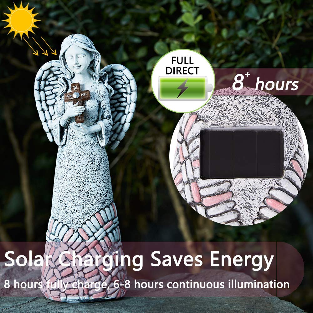 Yiosax Angel Garden Statue - Outdoor Solar Decor, Resin, 10.24 Inch, Cross Praying Angel for Cemetery Backyard Lawn Decoration
