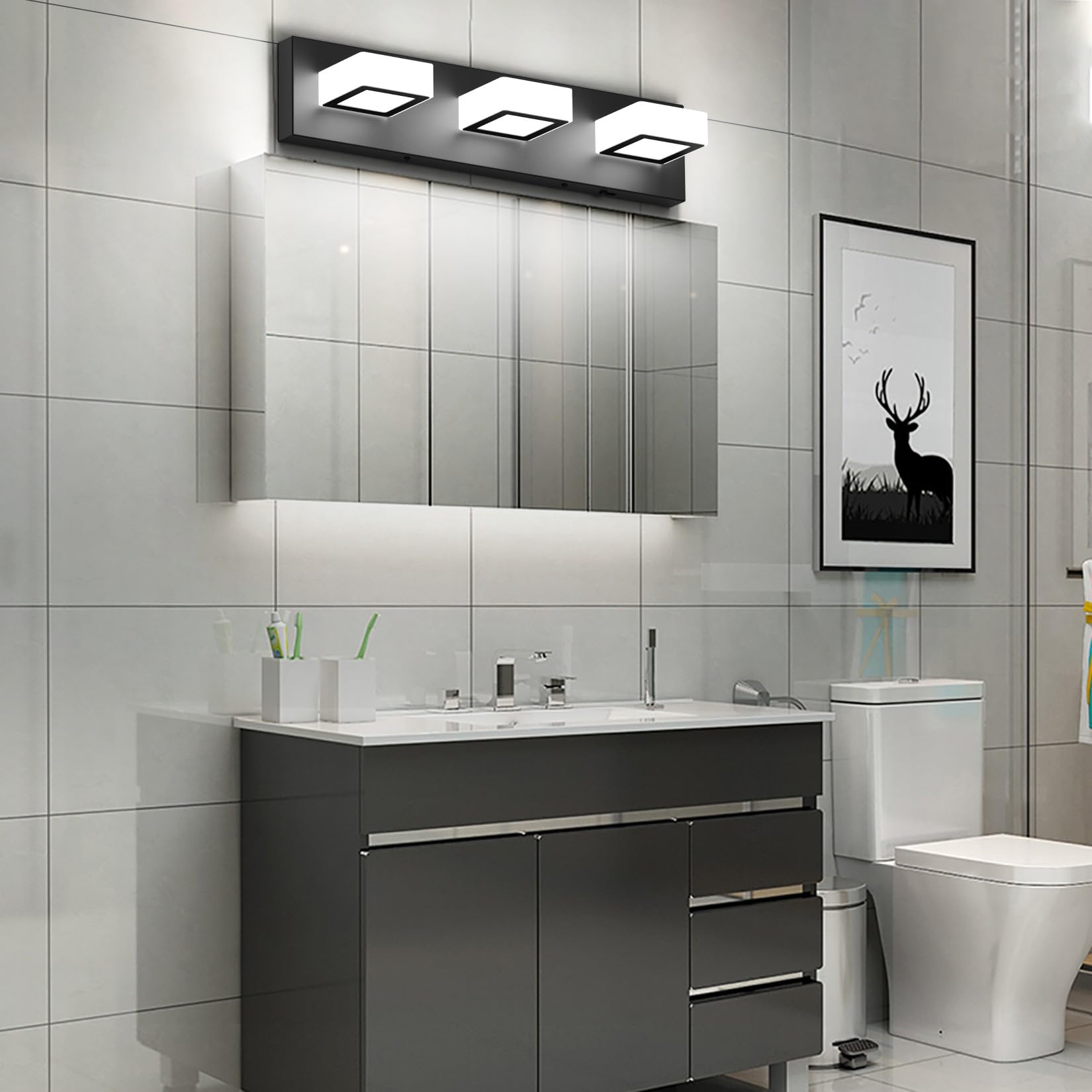 Ralbay Black Bathroom Vanity Lights 3 Lights Acrylic Modern Led Black Vanity Lights For Bathroom (Natural White Light)