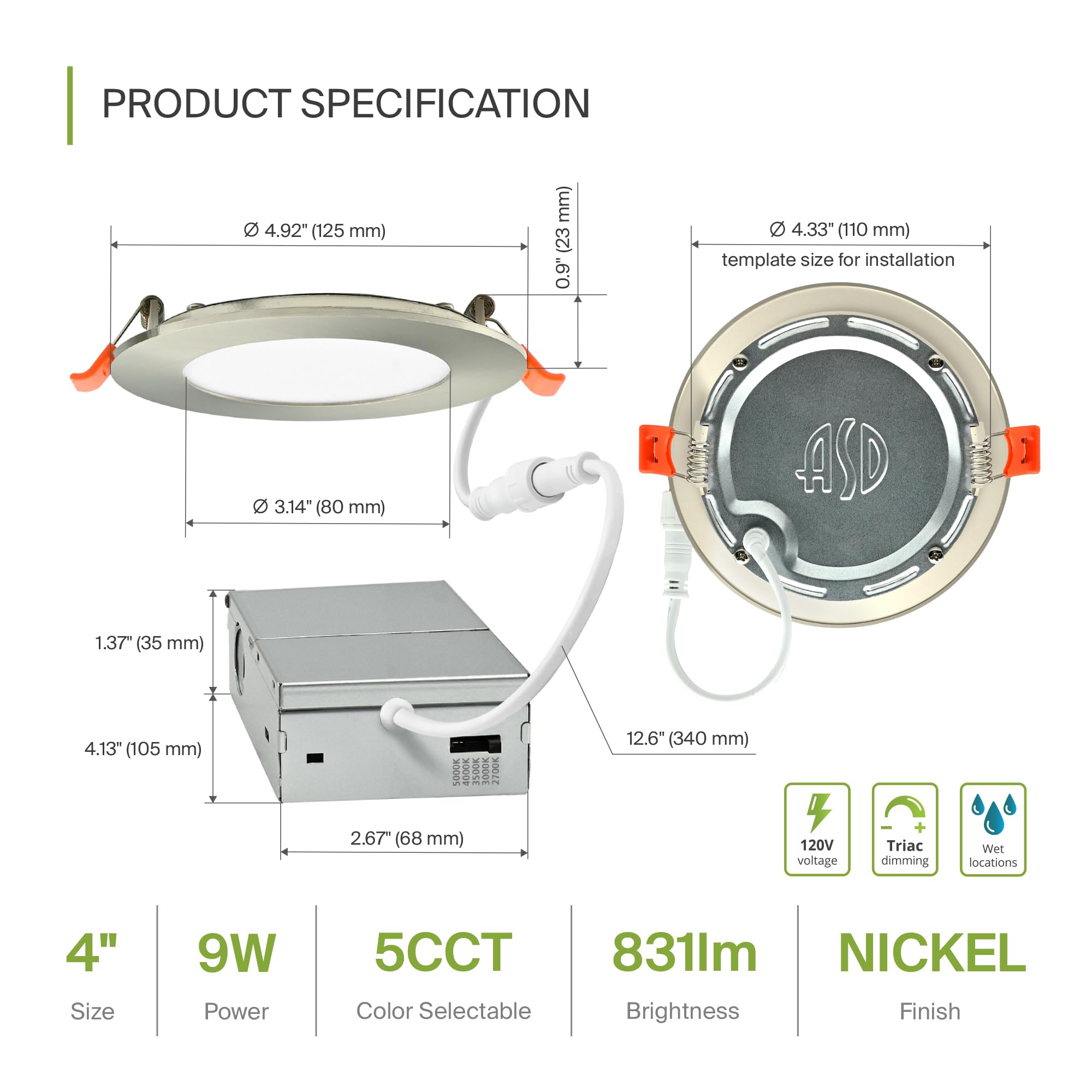 Asd 6 Pack Led Recessed Lighting 4 Inch 9W  5 Cct 2700K-5000K Cri90+  Ic Rated Ultra Thin Dimmable Ceiling Lights With J Box  Canless Wafer Downlight  Round Slim Panel Light  Energy Star Etl  Nickel