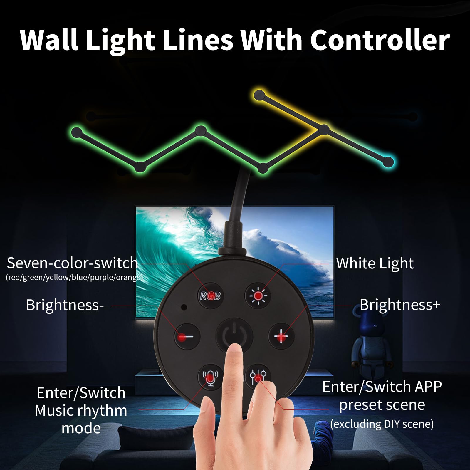 KOBAIBAN Smart Wall Light Lines, WiFi RGB LED Bars, 6 Light Lines Kit, Dimmable, Music Sync, Black, Model JSK-P22