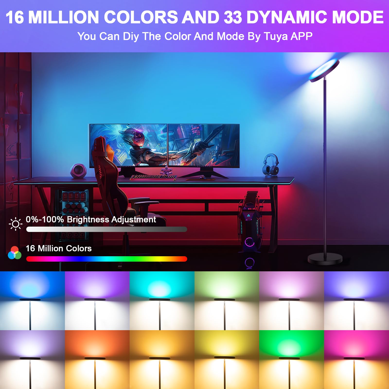 Caupel Smart RGB Floor Lamp, 36W/3000LM LED, Black, Alloy Steel, App & Remote Control, Modern Dimming Torchiere for Living Room