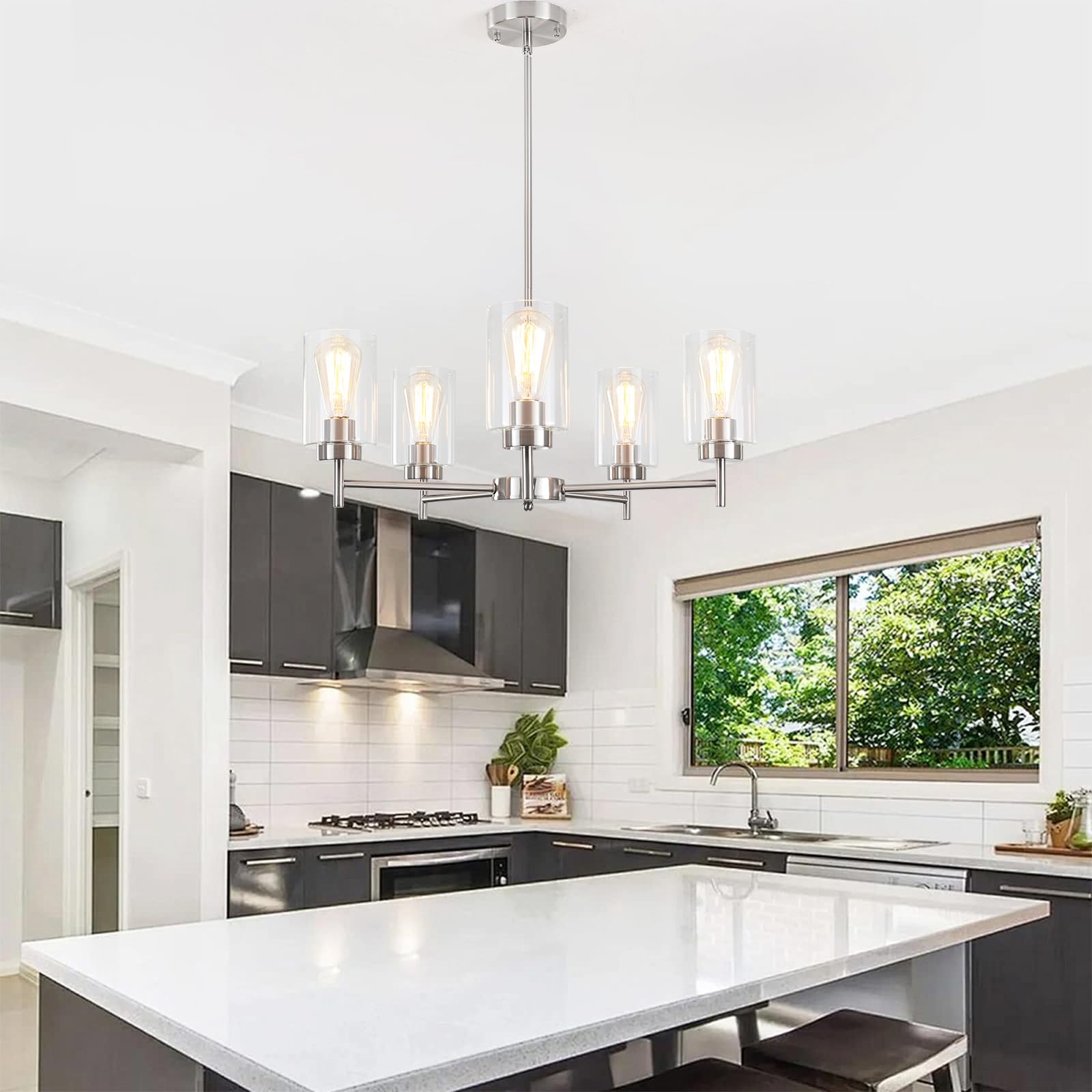 Brushed Nickel Chandelier Dining Room Light Fixture Over Table 5 Lights 24" Farmhouse Chandelier With Glass Shade Hanging Pendant Light Modern Chandeliers For Living Room Entryway Kitchen Foyer