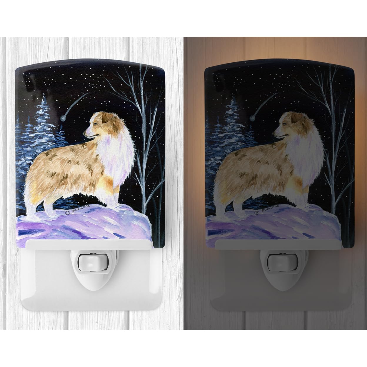 Caroline'S Treasures Ss8359Cnl Starry Night Australian Shepherd Ceramic Night Light Compact, Ul-Certified, Ideal For Bedroom, Bathroom, Nursery, Hallway, Kitchen, 6X4X3, Multicolor