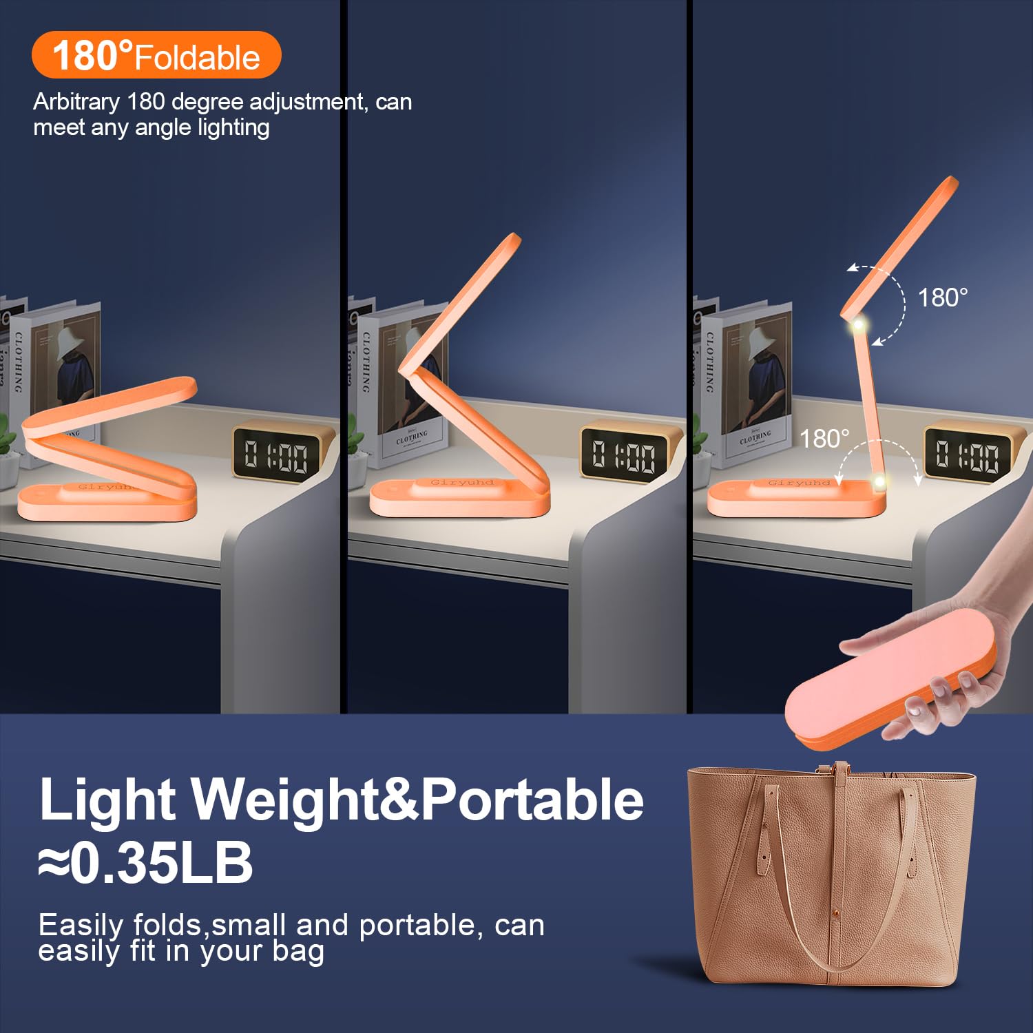 Giryuhd LED Desk Lamp Rechargeable Foldable Portable Light, 3 Brightness Dimmable, Model A211, Orange