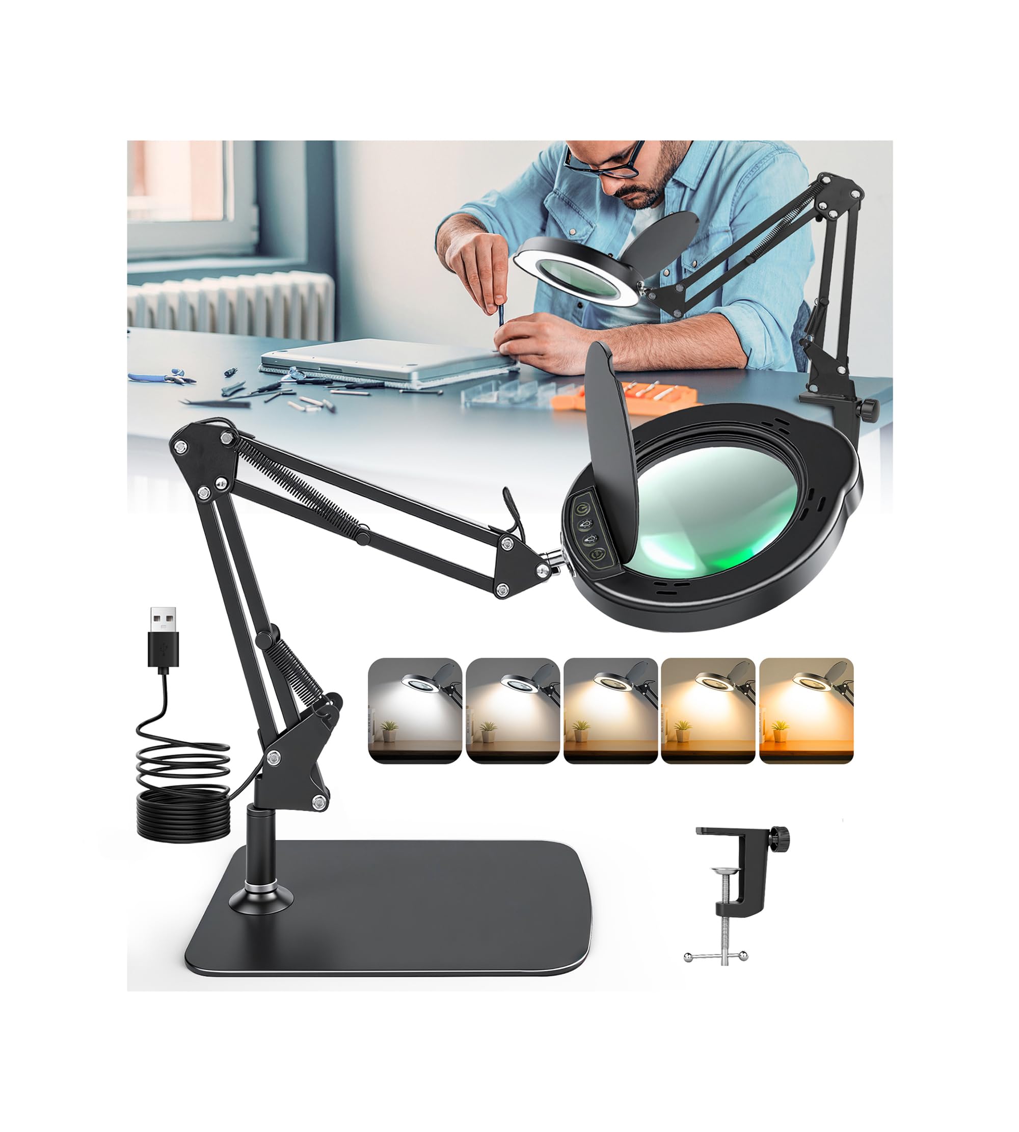 KimFilter 10X Magnifying Glass with Light and Stand | Dust Cover Design, 5 Color Temp Modes Dimmable LED Magnifying Lamp with Sw