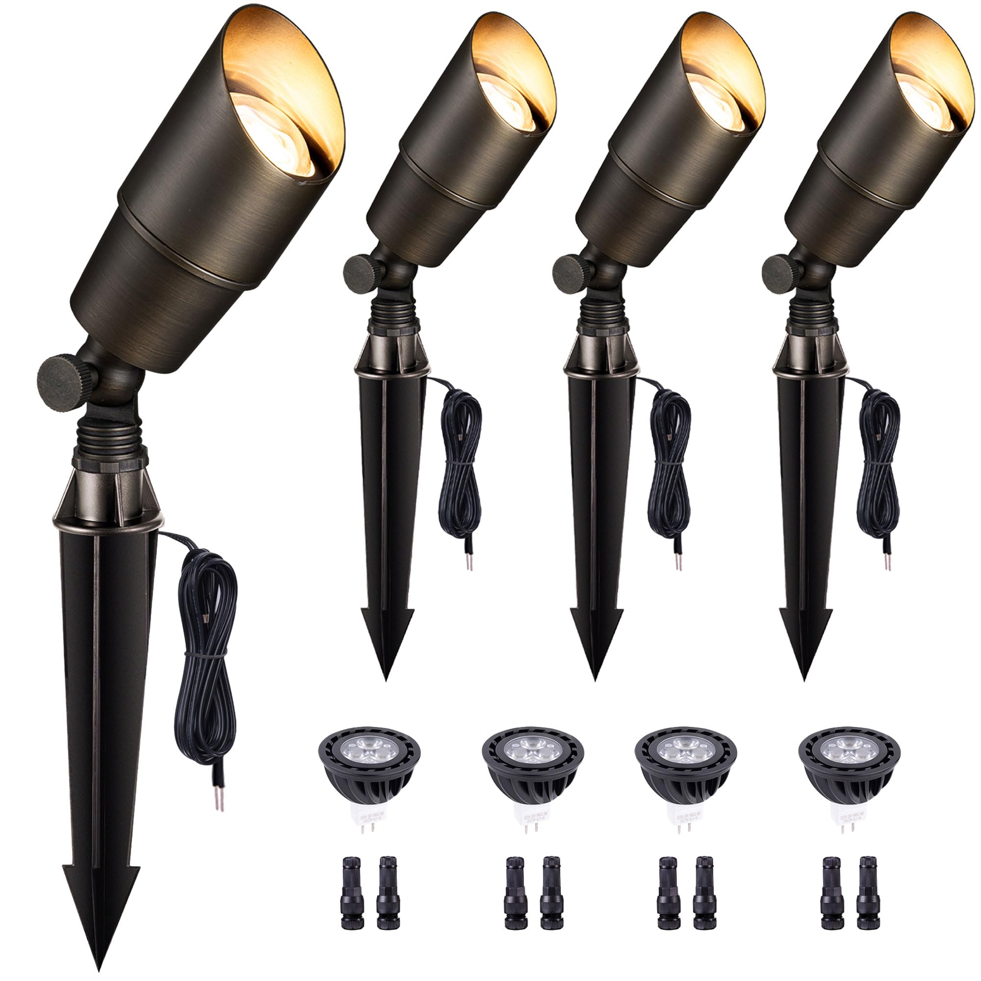 Gardenreet Brass Landscape Lighting - 12V Waterproof Spotlights, 5W MR16 Bulb, 4-Pack, Antique Bronze