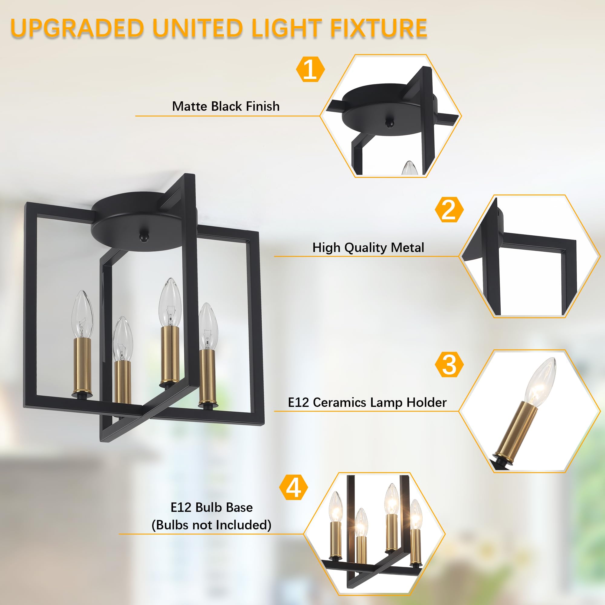 Modern Farmhouse 4-Light Black And Gold Ceiling Light Fixture, Industrial Close To Ceiling Light With Geometric Metal Shade, Per