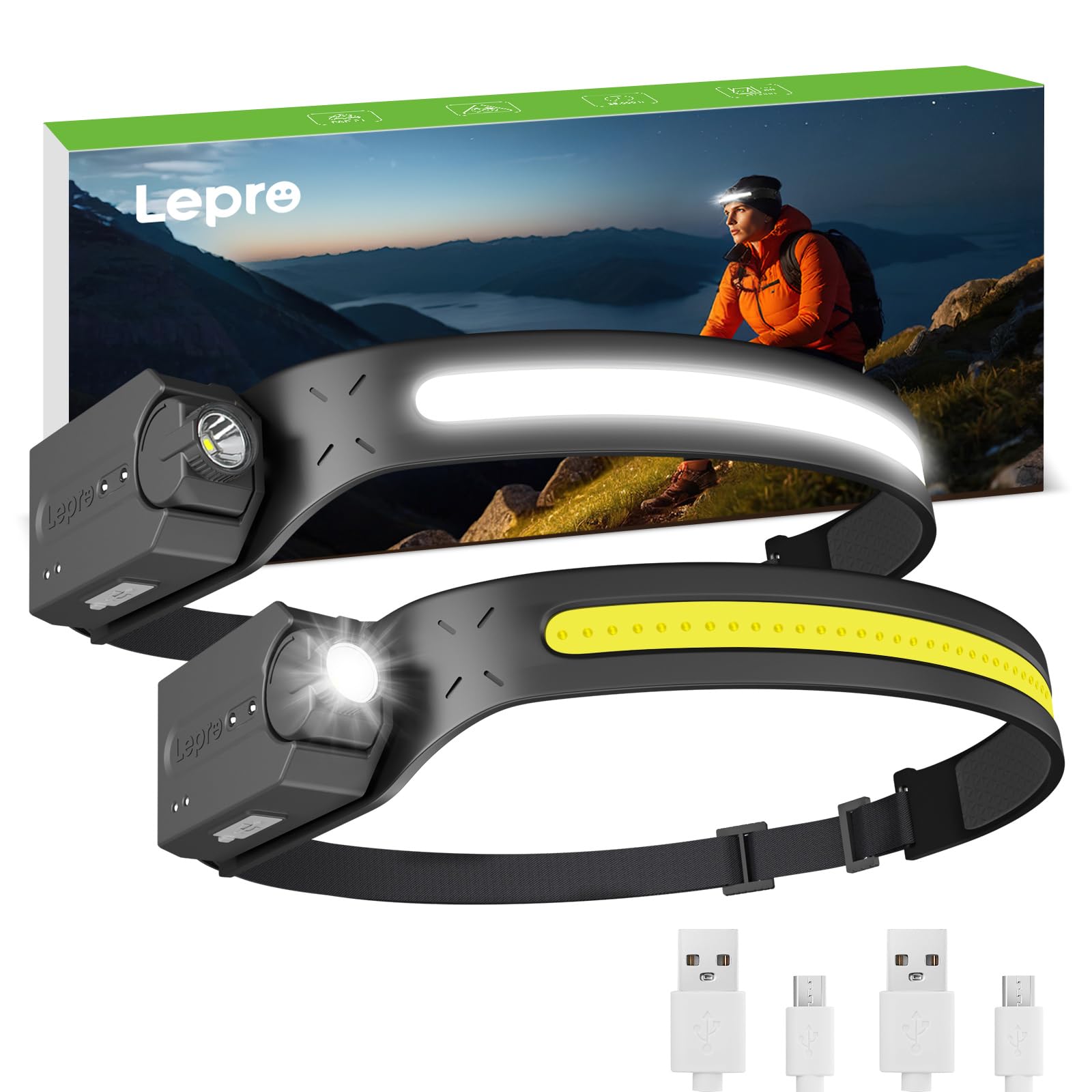 Lepro Led Headlamp Rechargeable - Super Bright Motion Sensor Head Lamp With 1200 Mah Battery, 230Cob Wide Beam & Adjustable Spot
