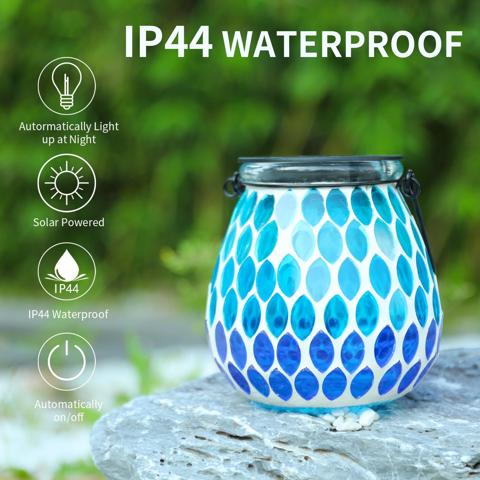 Afirst Mosaic Solar Lantern - Ocean Blue Glass Hanging Light for Garden & Patio, Model 5009420, Waterproof Decorative Outdoor Decoration