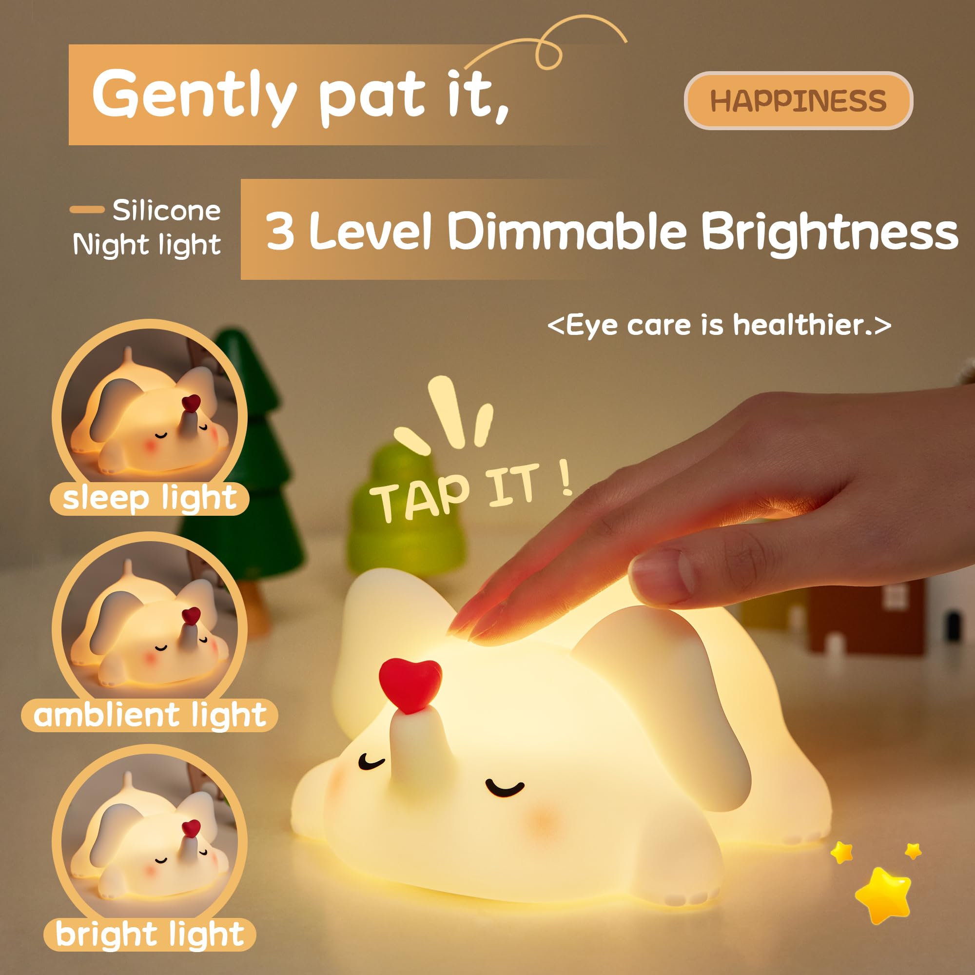 Icotoibabie LED Night Light - Cute Love Elephant, Dimmable, Rechargeable, Small, Silicone, Warm Brightness, Model A033, White Color