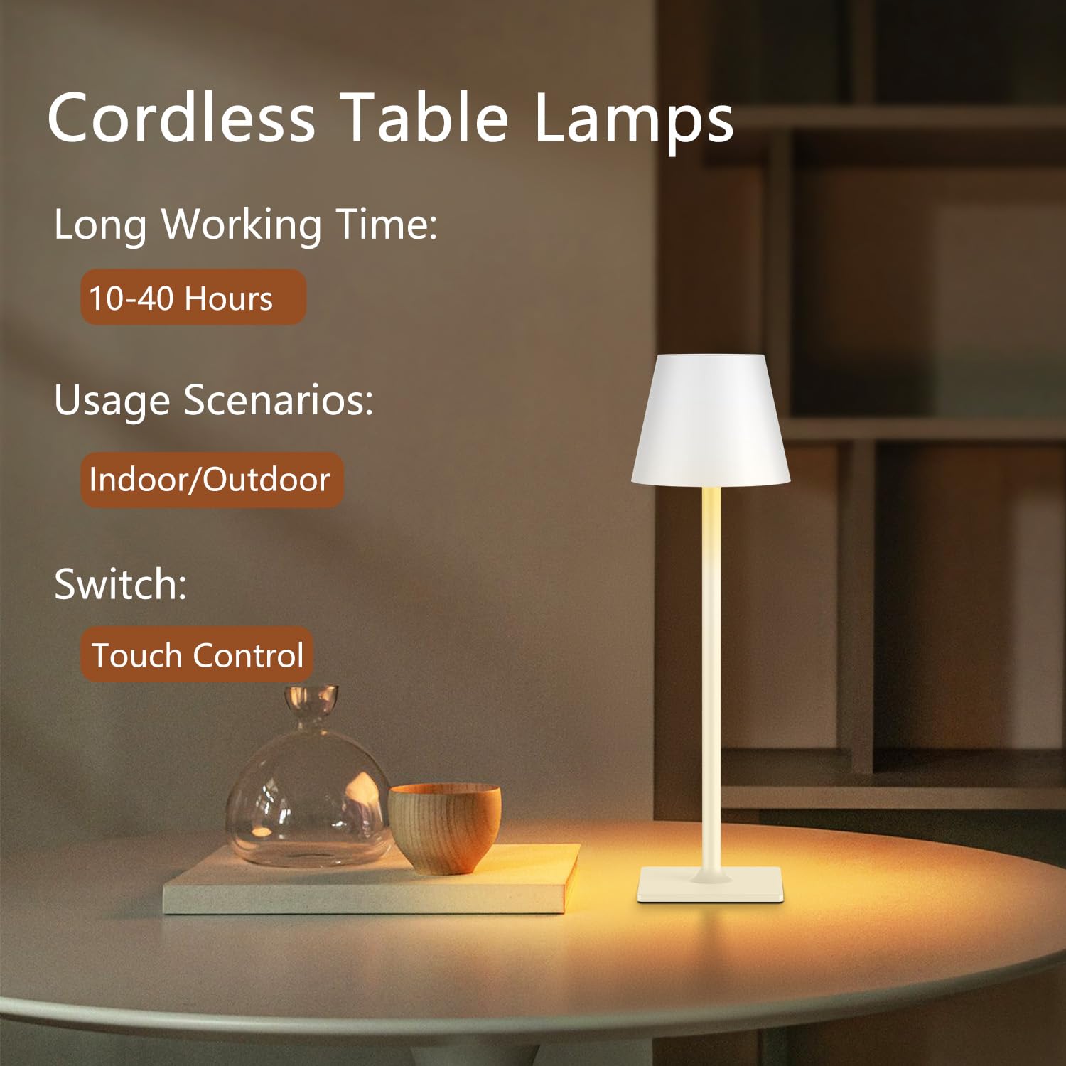 Fizrice Cordless Table Lamp, Rechargeable 6000mAh, Waterproof, Touch Control, Portable, White, Model TL-W, 2 Pack