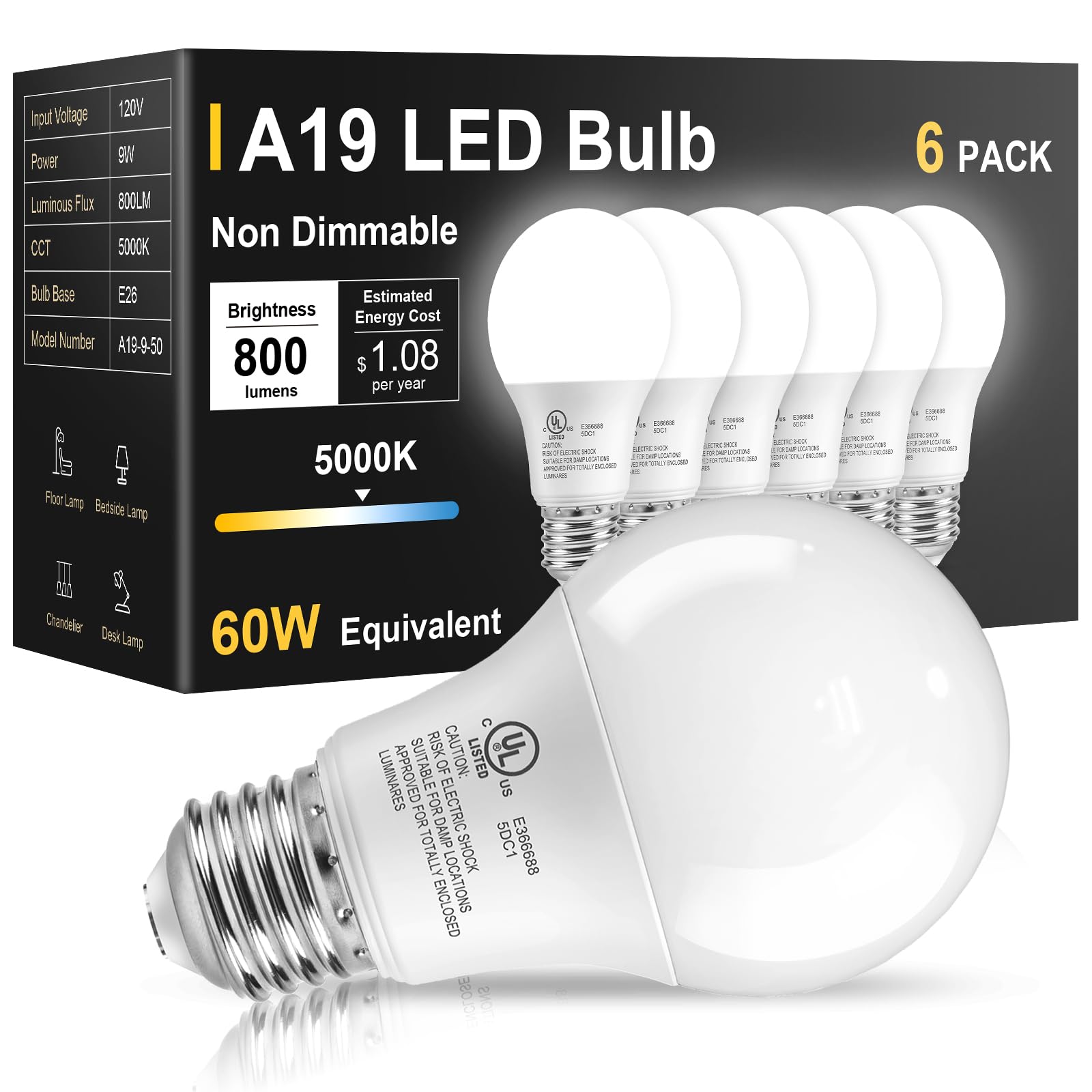 TJOY 6 Pack LED Light Bulbs 60 Watt Equivalent  Daylight White 5000K A19  Efficient 9W  E26 Standard Base  800 LM Energy Saving Lightbulbs for Home Bedroom Living Room Office  Non-Dimmable  UL Listed